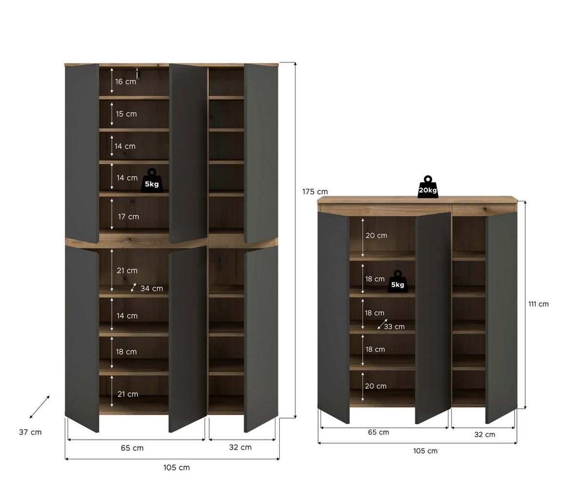 Garderobenschrank Scarpa Anthrazit/Eiche - Eichefarben/Anthrazit, Design, Holzwerkstoff/Kunststoff (235/175/37cm) - Livetastic