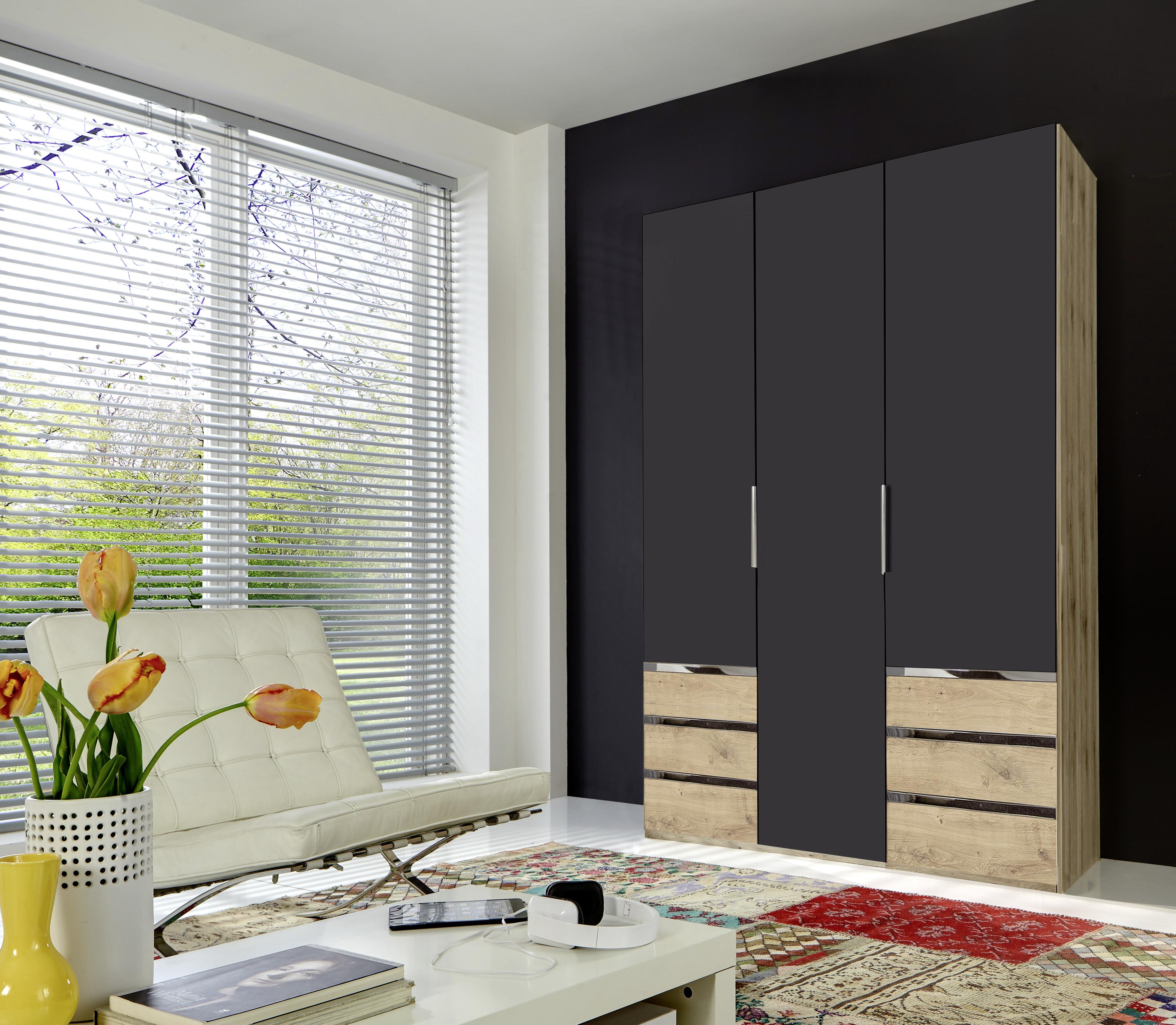 Drehtürenschrank Level 36A B: 150 cm Graphit/Eiche Dekor - Chromfarben/Eichefarben, MODERN, Holzwerkstoff/Kunststoff (150/216/58cm) - MID.YOU