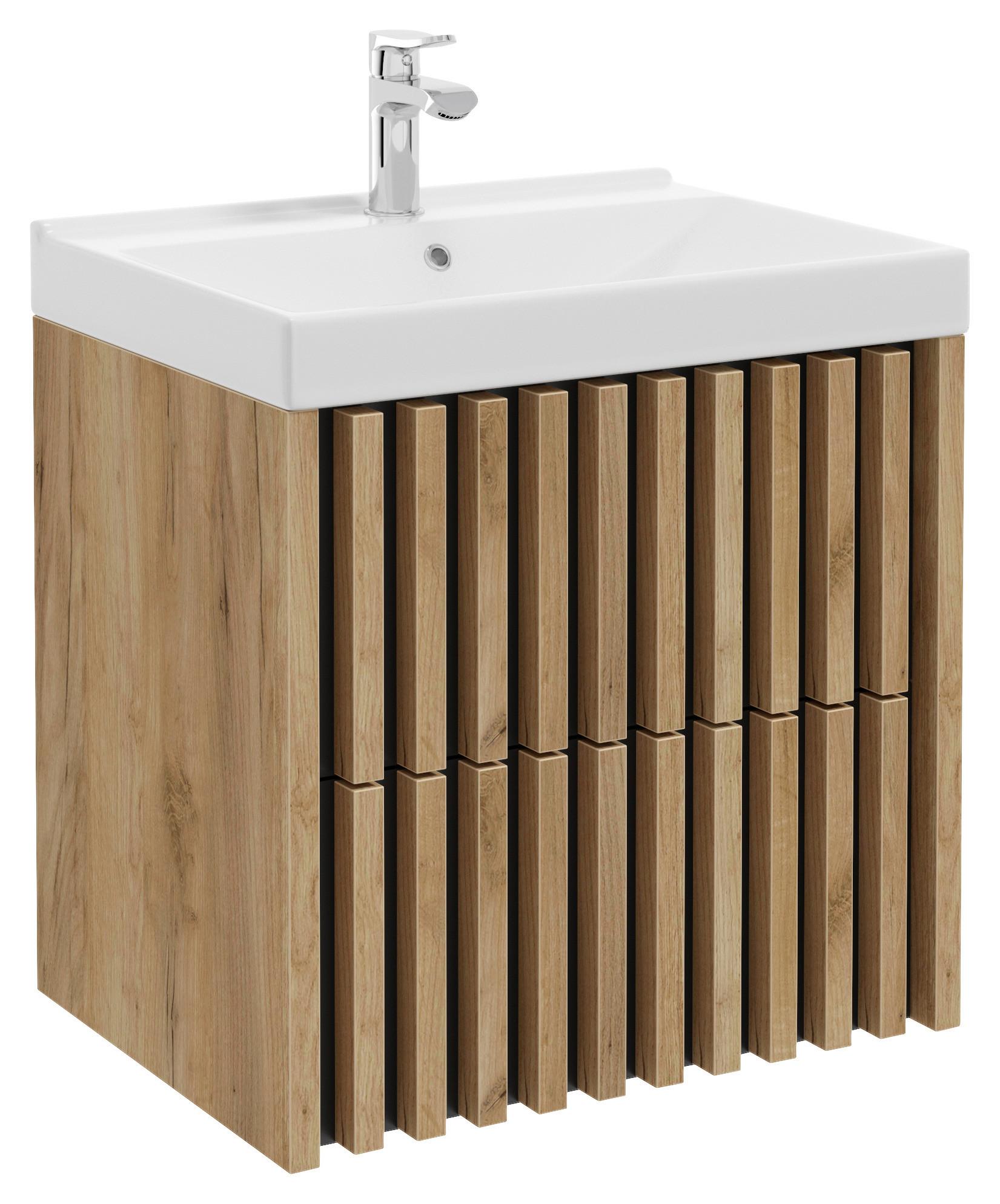Bază cu lavoar, Line - alb/culoare lemn stejar, Modern, ceramică/material pe bază de lemn (61cm) - Welnova