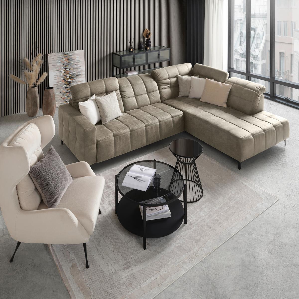Ecksofa Panama rechts Grau - Schwarz/Grau, KONVENTIONELL, Textil/Metall (304/89-102/216cm) - Premium Living