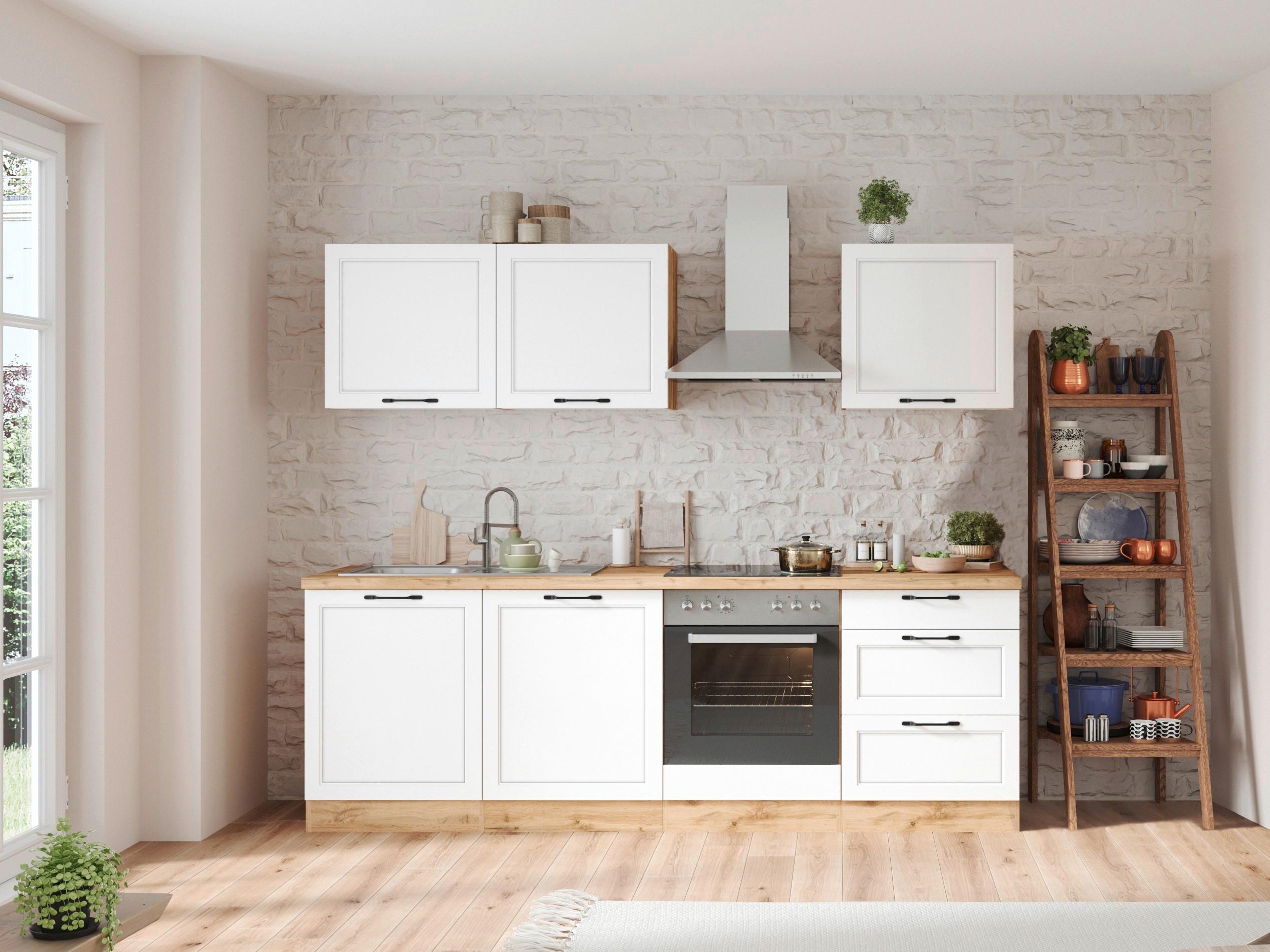 Küchenzeile Meran ohne Geräte ca. 240 cm Weiß/Eiche - Eiche Wotan/Schwarz, LIFESTYLE, Holzwerkstoff/Metall (240cm) - Held
