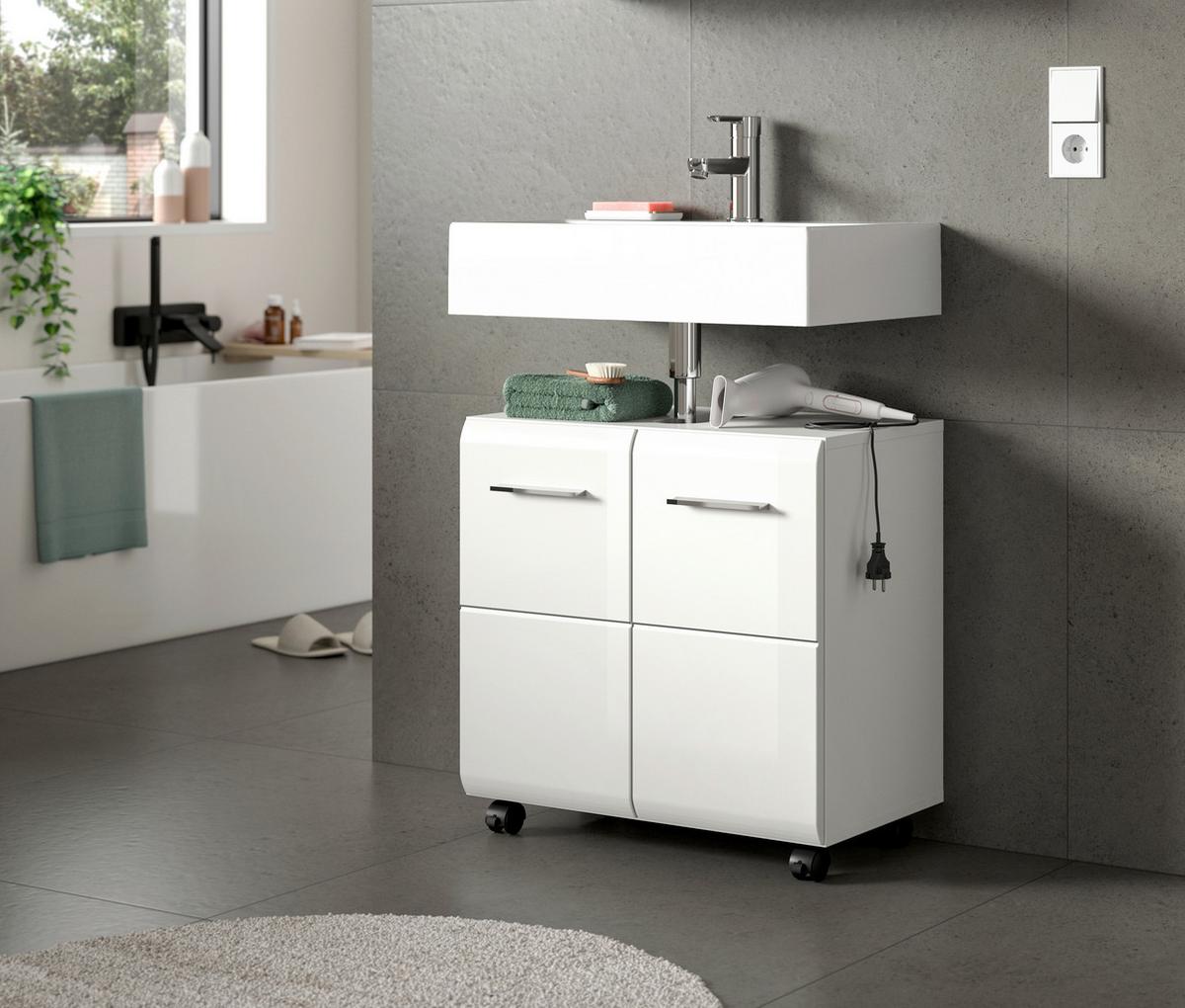 Waschbeckenunterschrank Ice Weiß/Weiß Hochglanz - Weiß Hochglanz/Silberfarben, Trend, Holzwerkstoff/Kunststoff (60/58/30cm) - MID.YOU