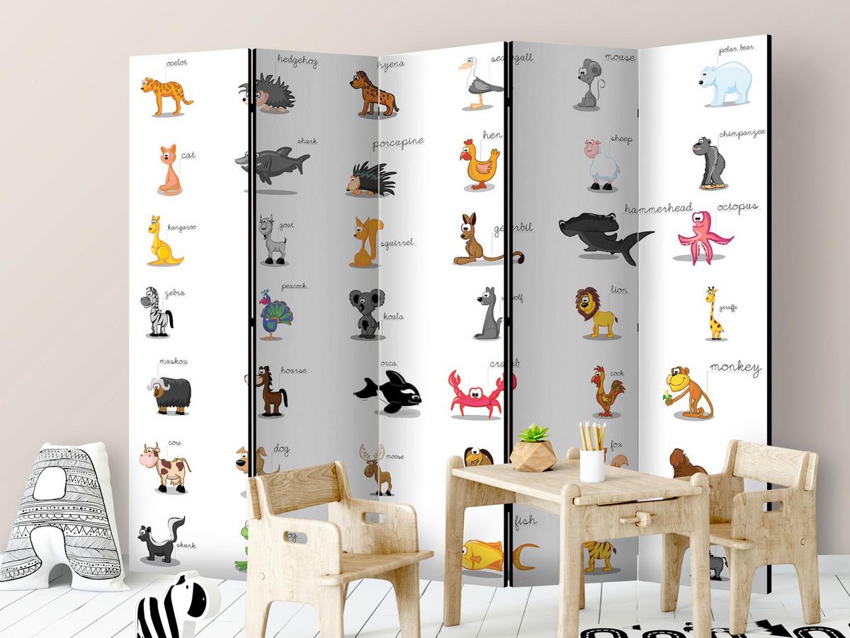 Paravan Learning By Playing I, 5-Delni, Dvostranski - bela/večbarvno, Basics, tekstil/les (225/172/3cm) - artgeist