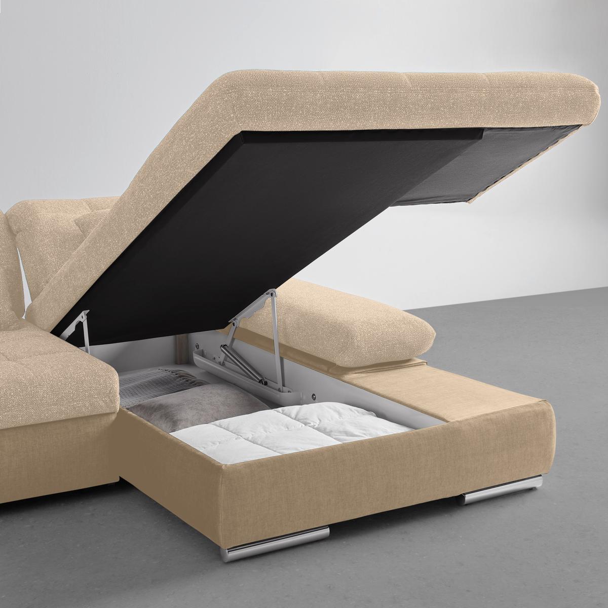 Wohnlandschaft Sanfino Beige/Taupe - Taupe/Chromfarben, KONVENTIONELL, Holz/Textil (305/79-96/199cm) - Premium Living