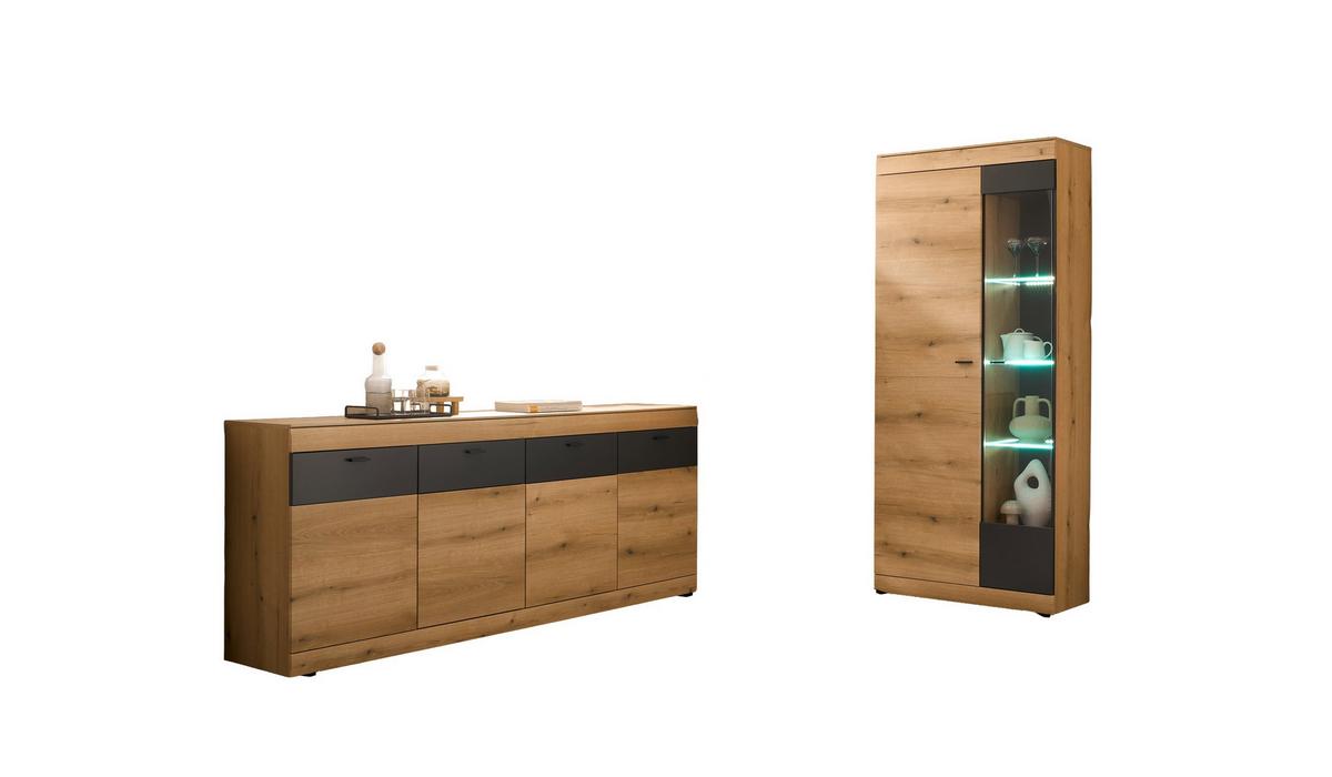 WOHNWAND SOLETO - Eichefarben/Graphitfarben, Design, Glas/Holzwerkstoff - MID.YOU
