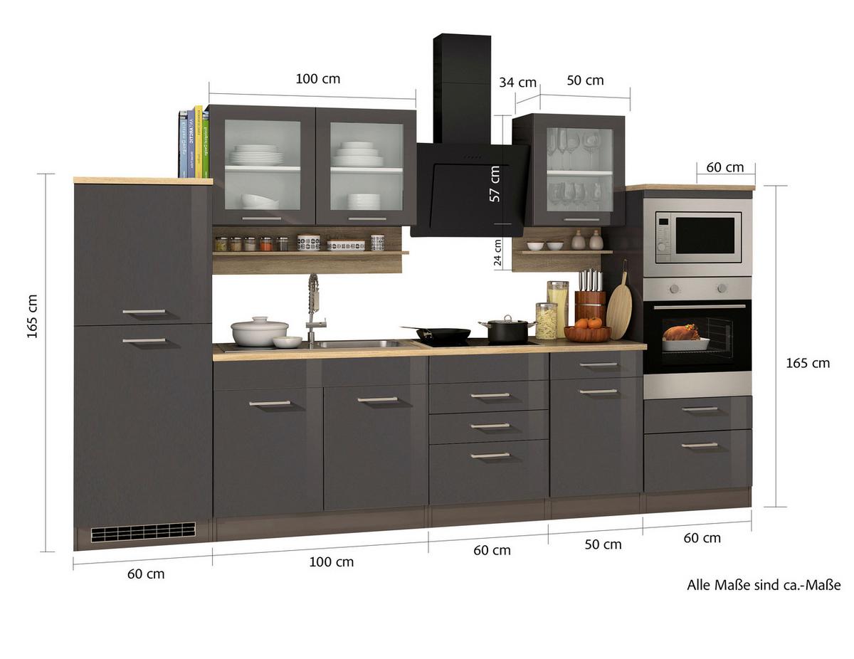 Küchenblock Mailand m. Geräten Graphitfarben - Silberfarben/Graphitfarben, MODERN, Glas/Holzwerkstoff (330cm) - Held