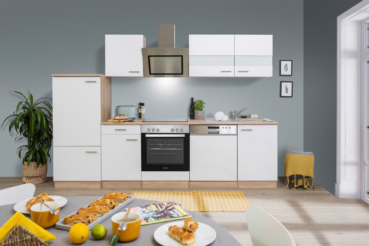 Küchenblock Merle mit Geräten ca. 280 cm Weiß - Eichefarben/Alufarben, Basics, Holzwerkstoff/Metall (280cm) - Respekta