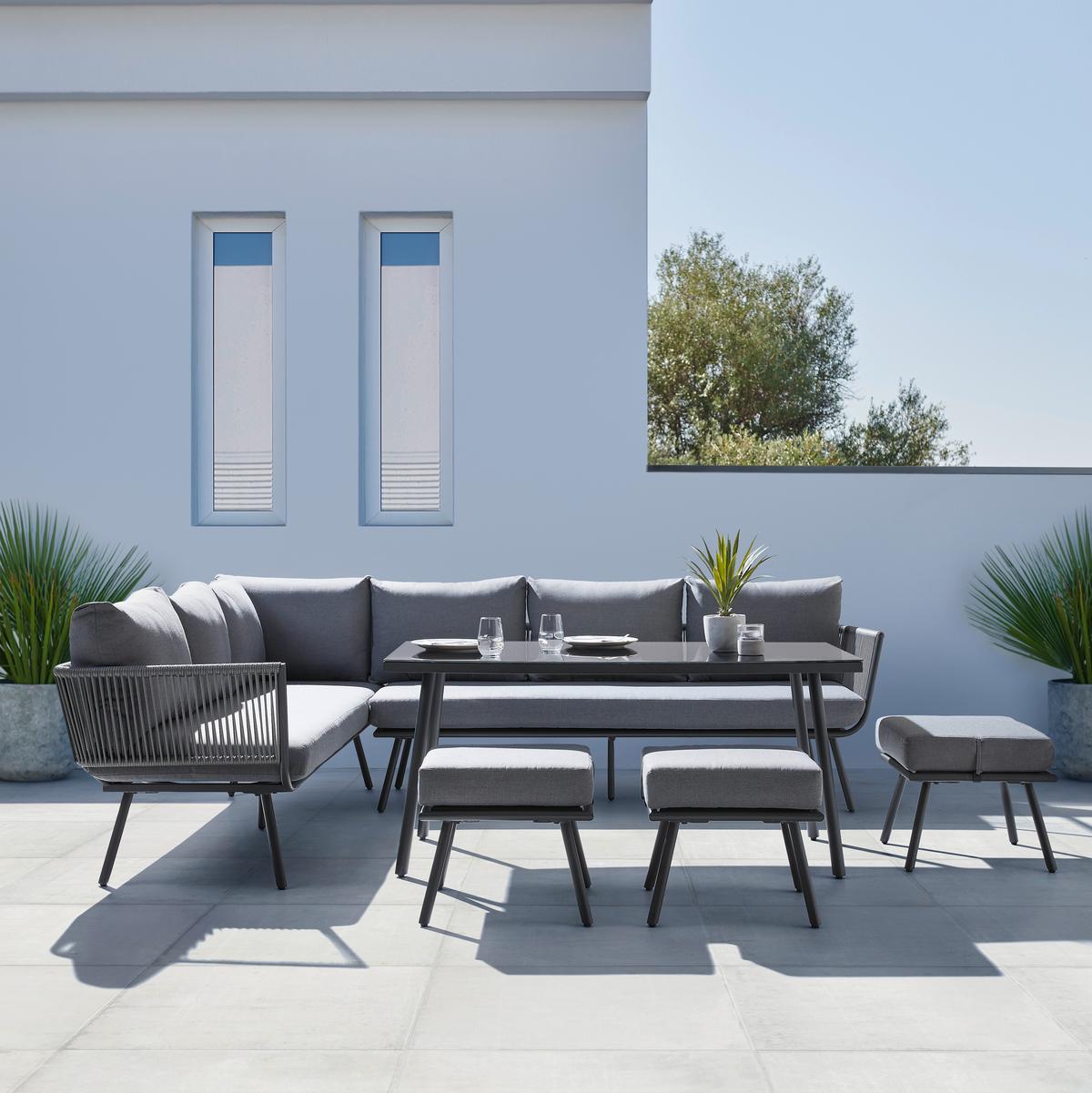 KOMPLET STOŁOWY NA TARAS CAMILLA - szary, Modern, metal/tkanina (252/65/68cm) - Bessagi Garden