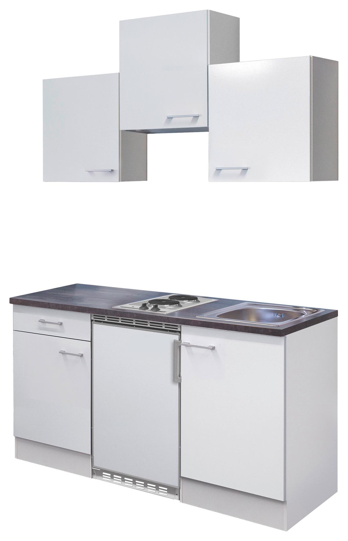 Miniküche Lucca m. Geräten B: ca. 150cm Weiß - Graubraun/Alufarben, KONVENTIONELL, Holzwerkstoff/Kunststoff (150cm) - FlexWell