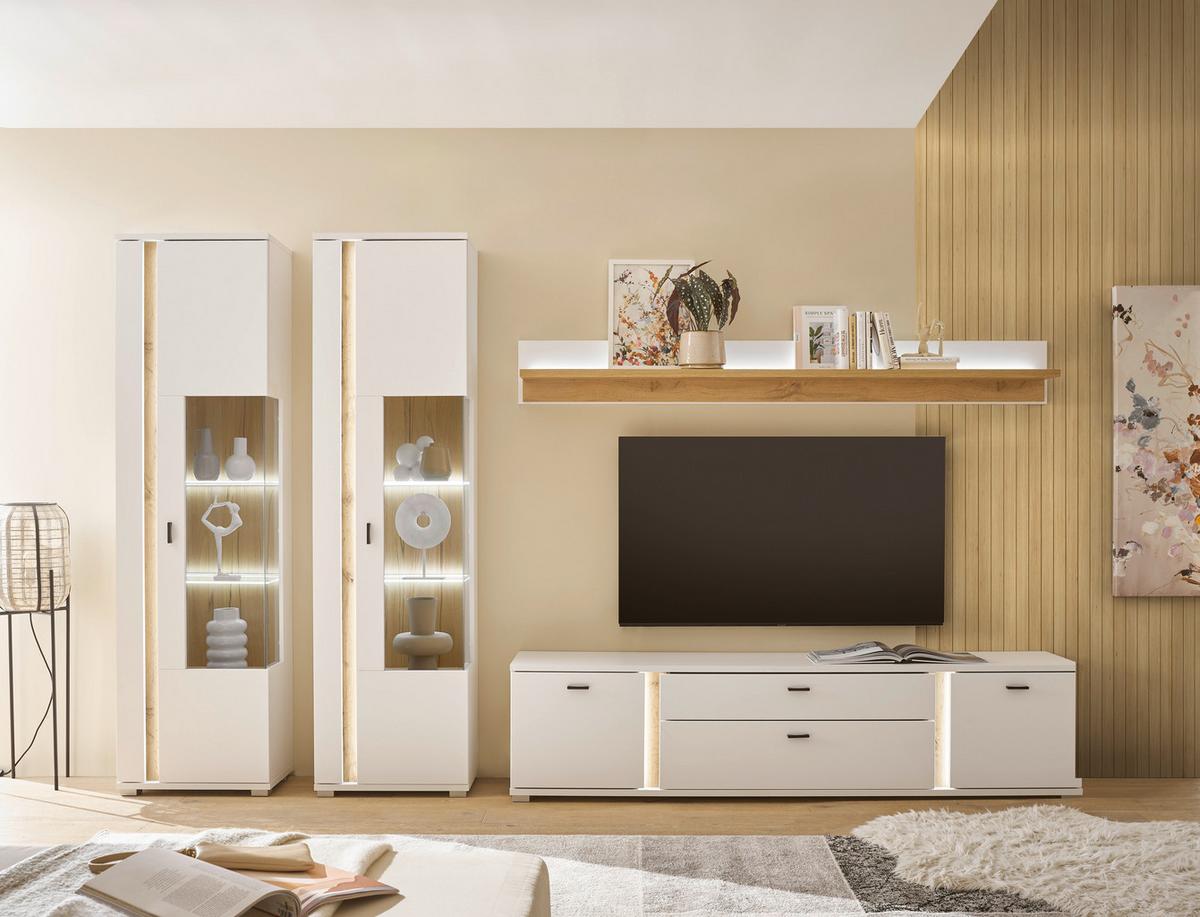 WOHNWAND LONG ISLAND - Eiche Wotan/Silberfarben, Design, Glas/Holzwerkstoff (330/200/42cm) - MID.YOU