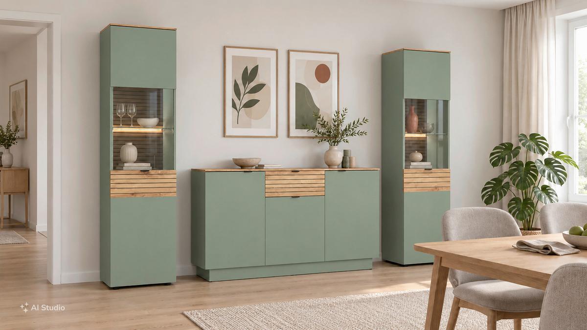 Comodă TV NEXA - verde salvie/stejar Artisan, Basics, material pe bază de lemn (180/59,5/40cm) - Modern Living
