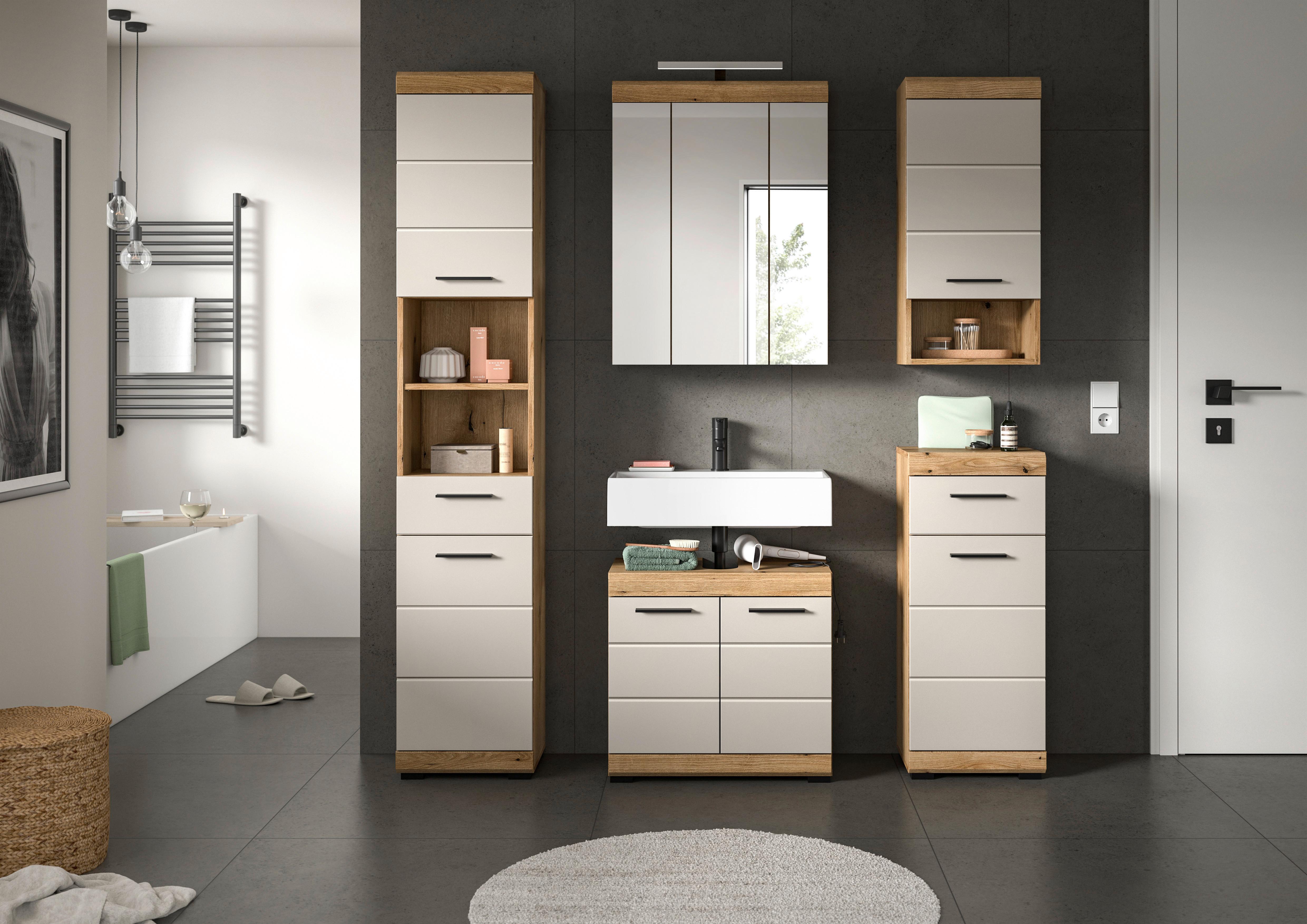 Badezimmer Scout 5-tlg. mit LED ca. 134 cm Kaschmir - Kaschmir/Schwarz, MODERN, Glas/Holzwerkstoff (134cm) - MID.YOU