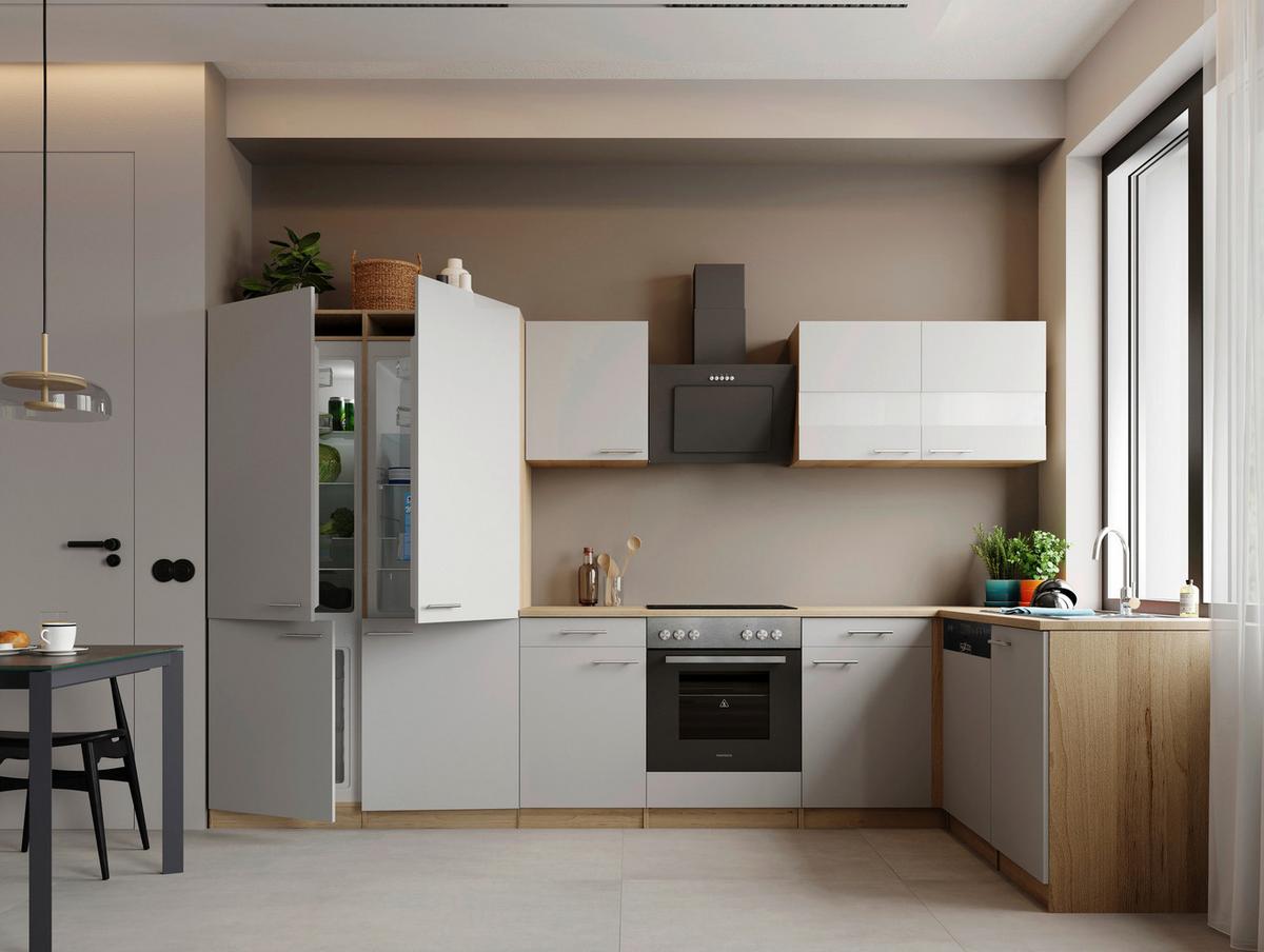Eckküche Merle m. Geräten ca. 340x172cm Weiß - Edelstahlfarben/Eichefarben, Trend, Holzwerkstoff/Metall (340/172cm) - Respekta