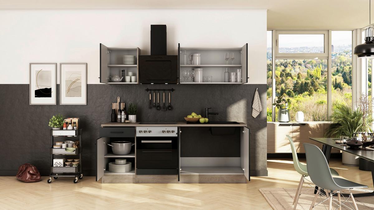 Kuhinjski Blok Z Aparati Capri, Črna, Barva Hrasta - črna/barve hrasta, Basics, kovina/leseni material (210cm) - FlexWell