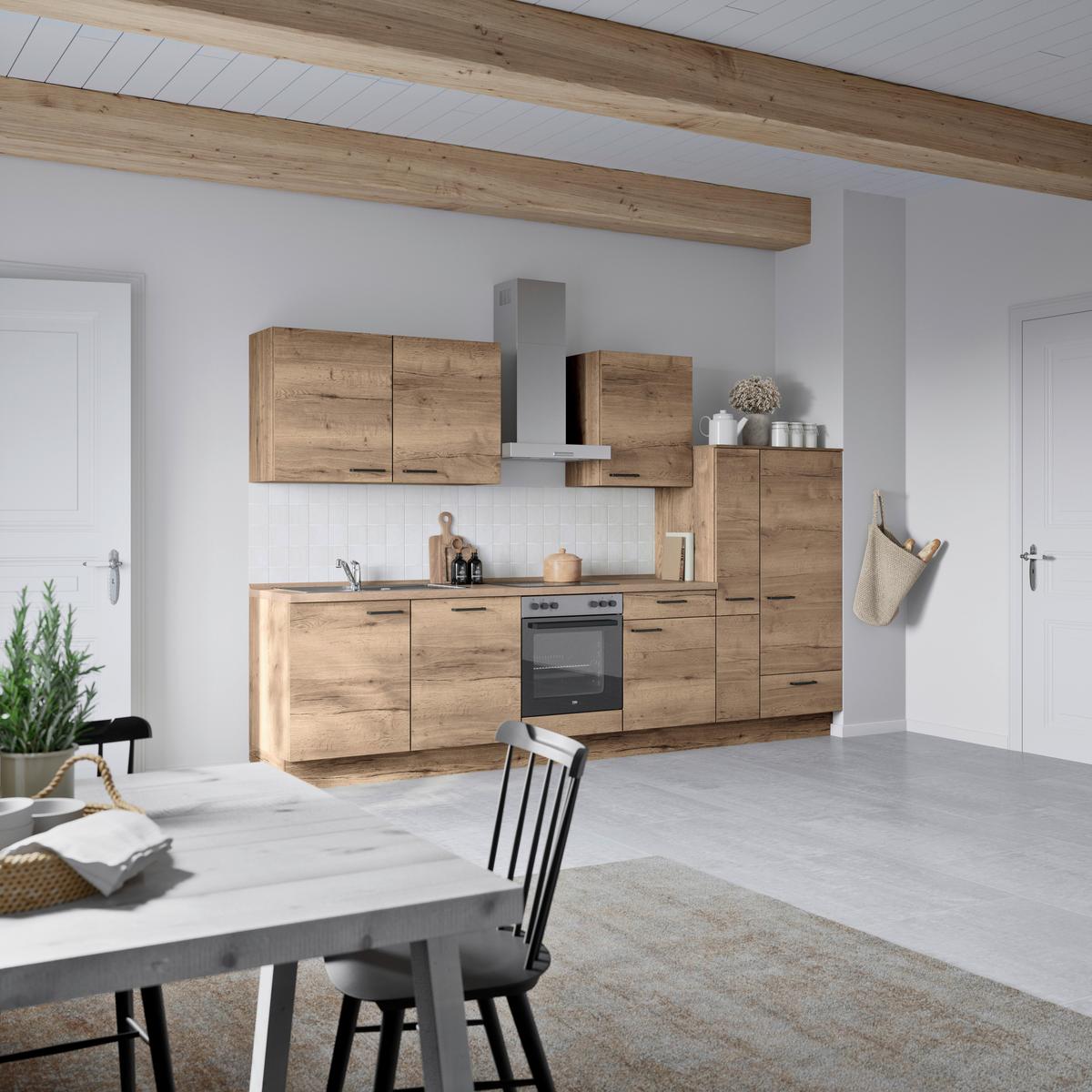 Küchenblock Structura Low m. Geräten Eiche dunkel - Eiche dunkel/Eichefarben, MODERN, Holzwerkstoff/Metall (330cm) - Nobilia