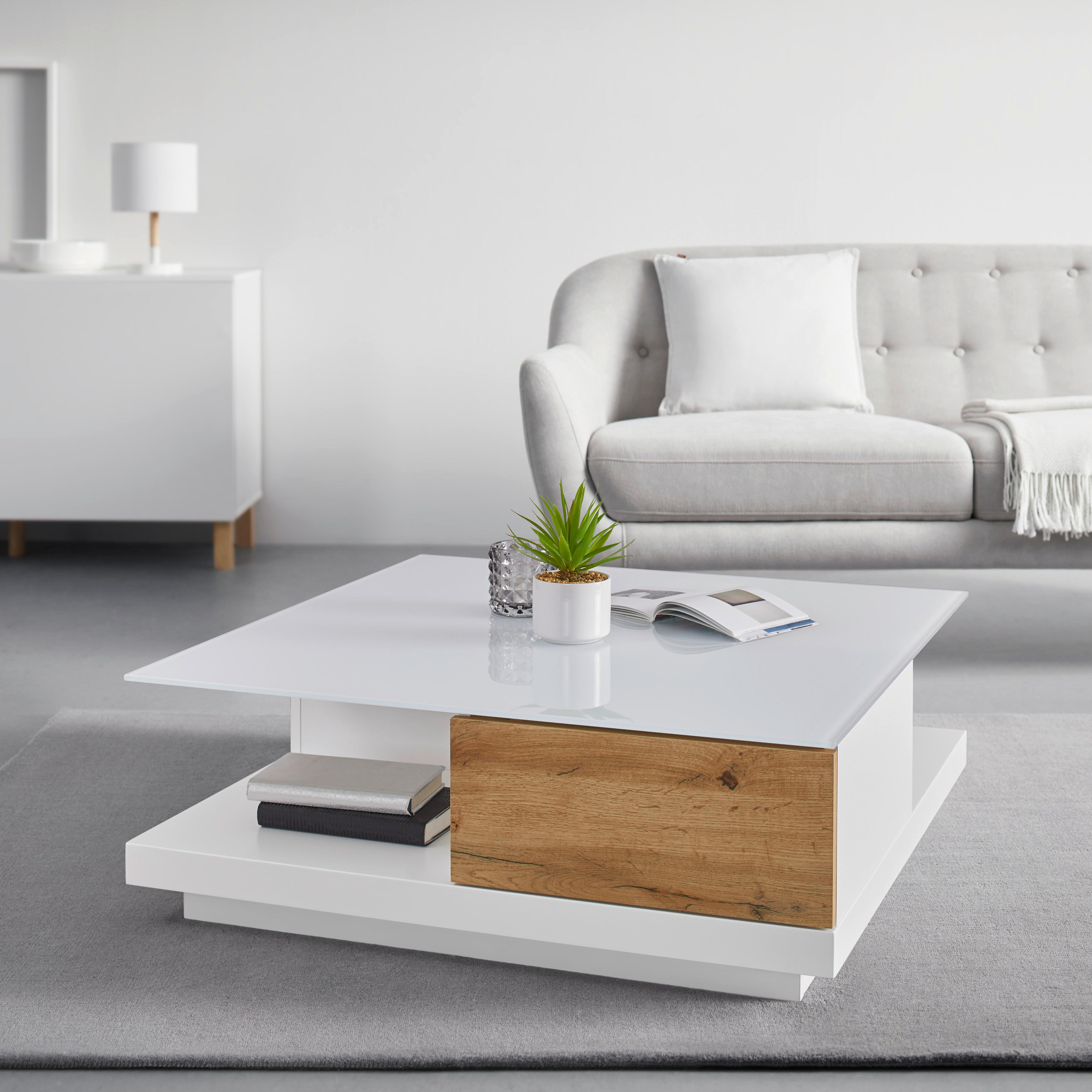 Couchtisch Nevio Weiß/ Eichefarben MDF mit Stauraum - Eichefarben/Weiß, MODERN, Glas (85/85/30cm) - Bessagi Home