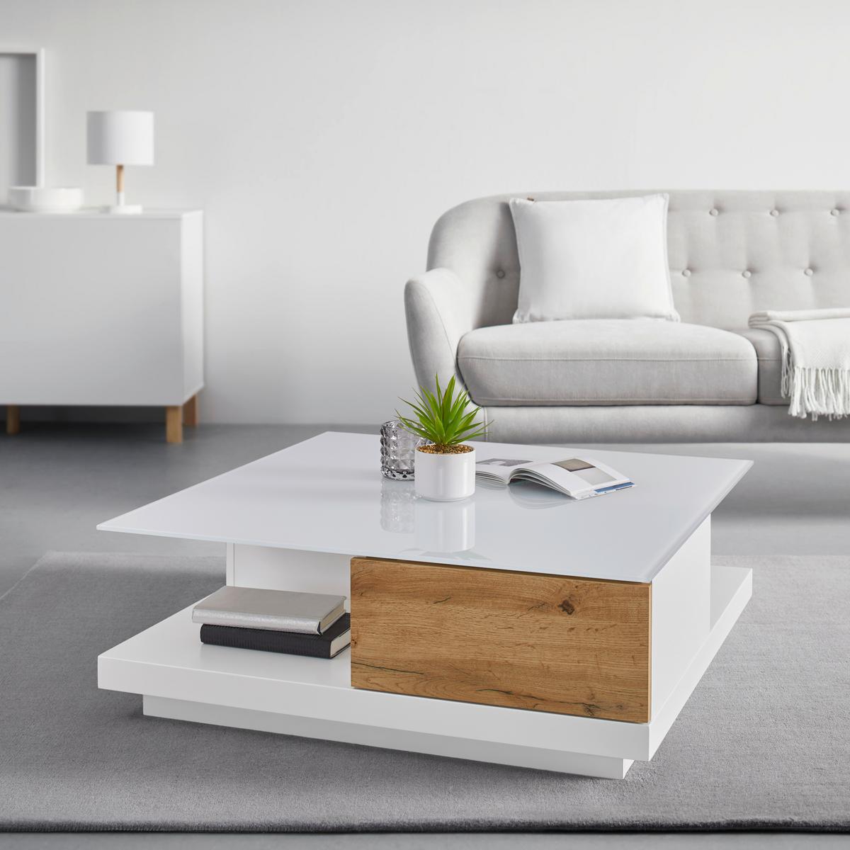 STOLIK KAWOWY NEVIO - kolor dębowy/biały, Modern, szkło (85/85/30cm) - Bessagi Home
