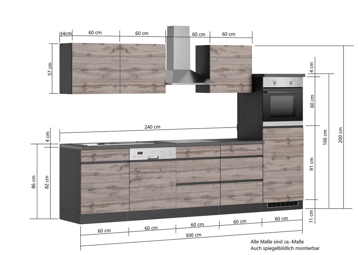 Küchenzeile Turin mit Geräten ca. 300 cm Graphit/Eiche - Eiche Wotan/Graphitfarben, Design, Holzwerkstoff (300cm) - Held