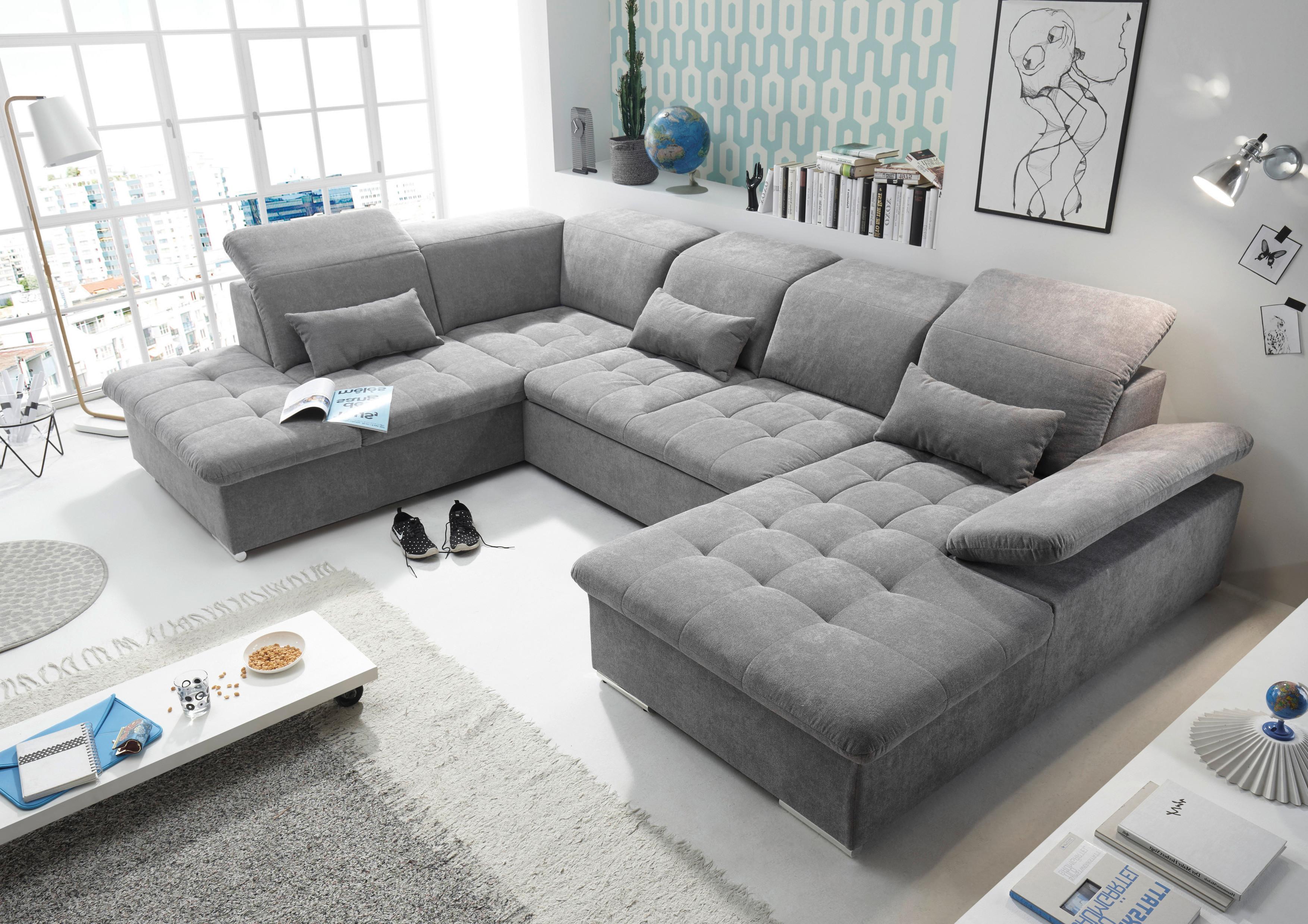 Wohnlandschaft Wayne U inkl. Kissen Grau - Dunkelgrau/Silberfarben, KONVENTIONELL, Kunststoff/Textil (240/340/188cm) - MID.YOU