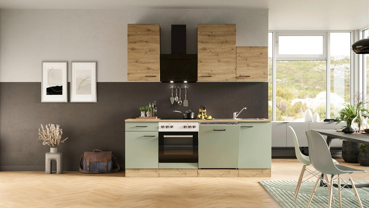 Kuhinjski Blok Cara, Zelena, Hrast - črna/zelena, Moderno, kovina/leseni material (220cm) - FlexWell