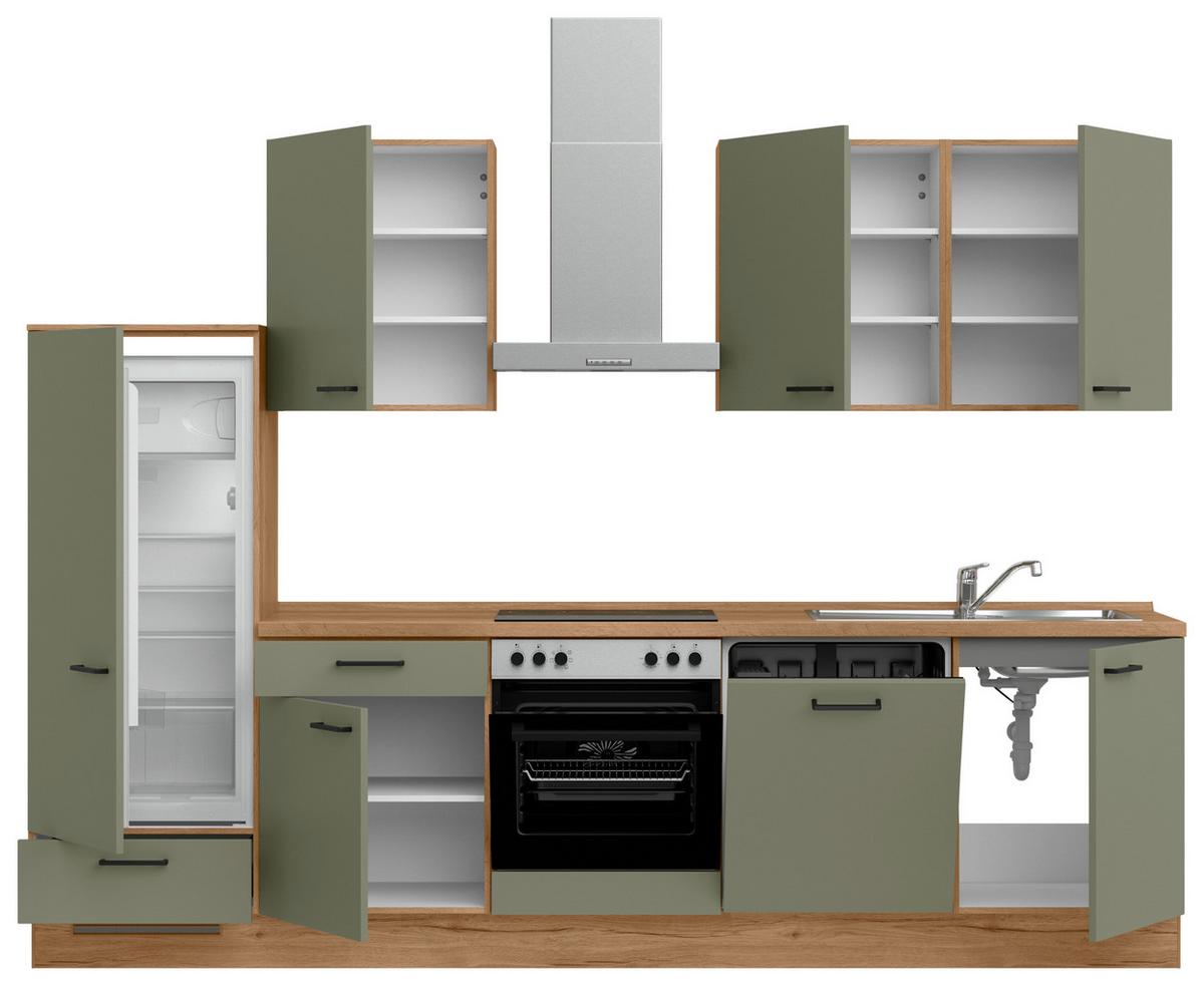 Küchenleerblock Senso Low o. Geräte Olivgrün - Eichefarben/Schwarz, MODERN, Holzwerkstoff/Metall (300cm) - Nobilia