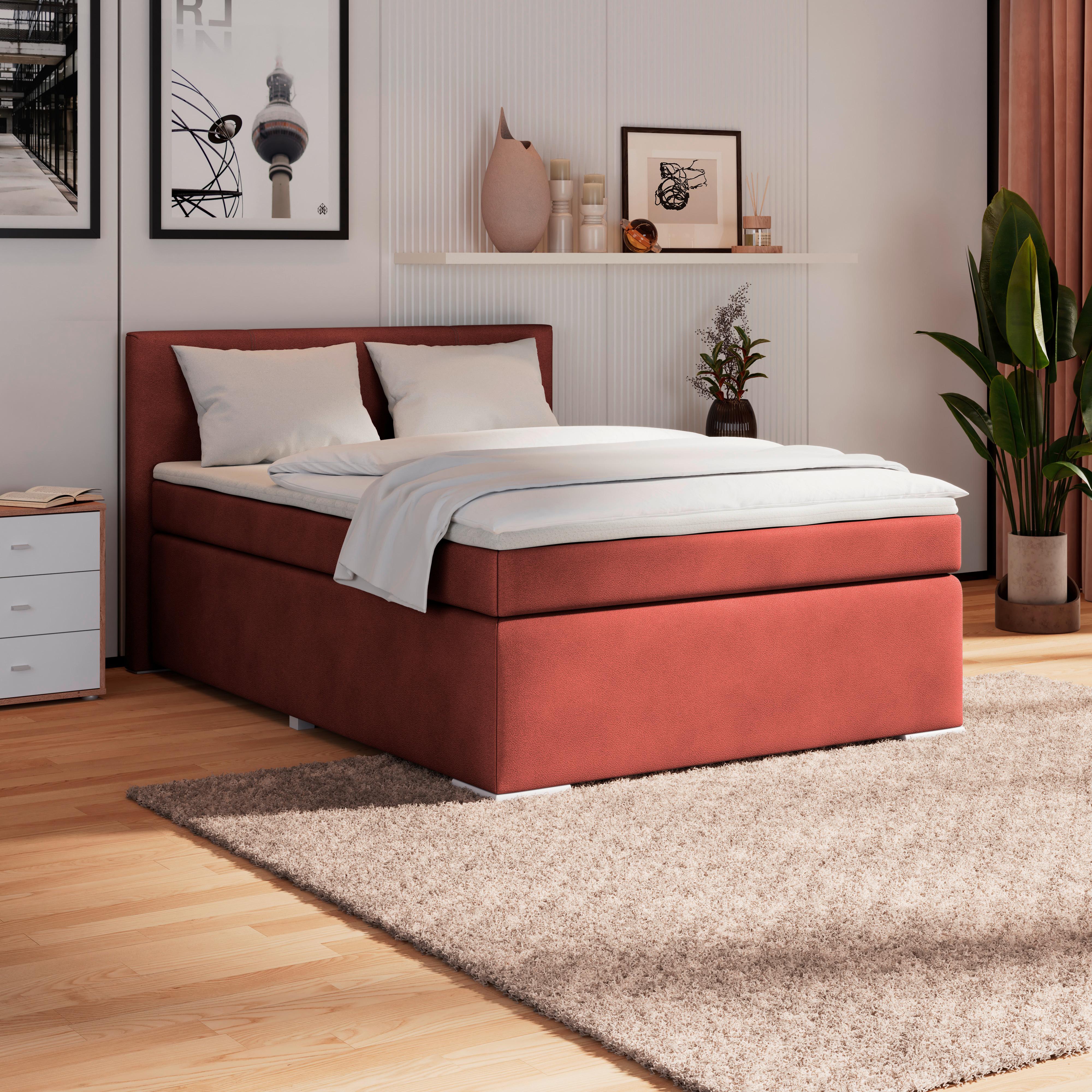 Boxspring Krevet Mira 1 - tamno crvena, Basics, metal/tekstil (120/200cm)