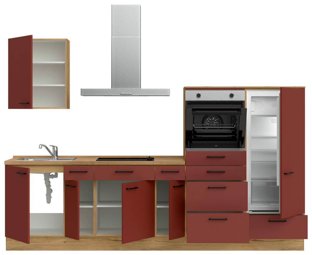 Küchenblock Easytouch Low m. Geräten Dunkelrot - Eichefarben/Schwarz, MODERN, Holzwerkstoff/Metall (300cm) - Nobilia