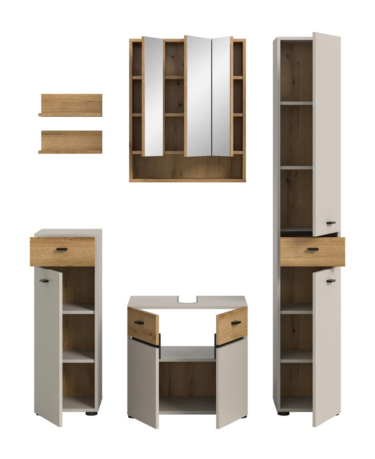 Badezimmer Aqua Eichefarben/Kaschmir 5-teilig - Kaschmir/Eichefarben, Trend, Glas/Holzwerkstoff (124cm) - MID.YOU