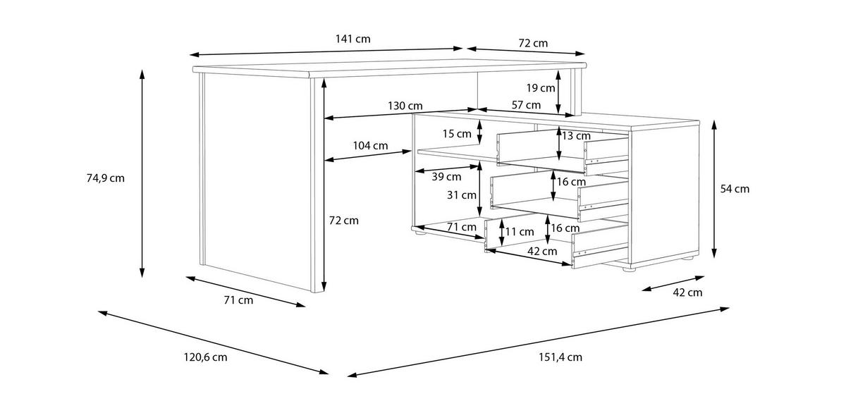 Radni Stol Tempra 2 - Basics, drvni materijal (120,6/74,9/151,4cm) - Based