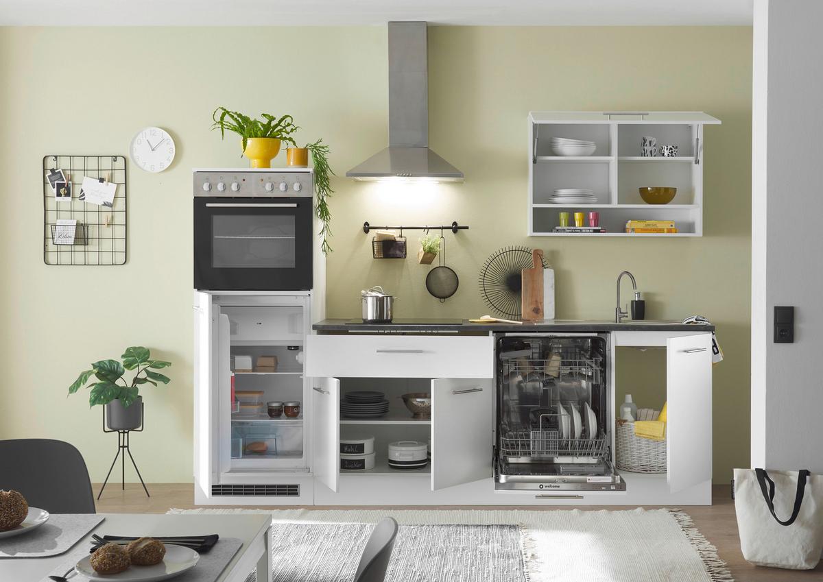 Küchenblock Eddy mit Geräten ca.260cm Weiß/Grau - Edelstahlfarben/Weiß, KONVENTIONELL, Holzwerkstoff/Metall (260cm) - P & B