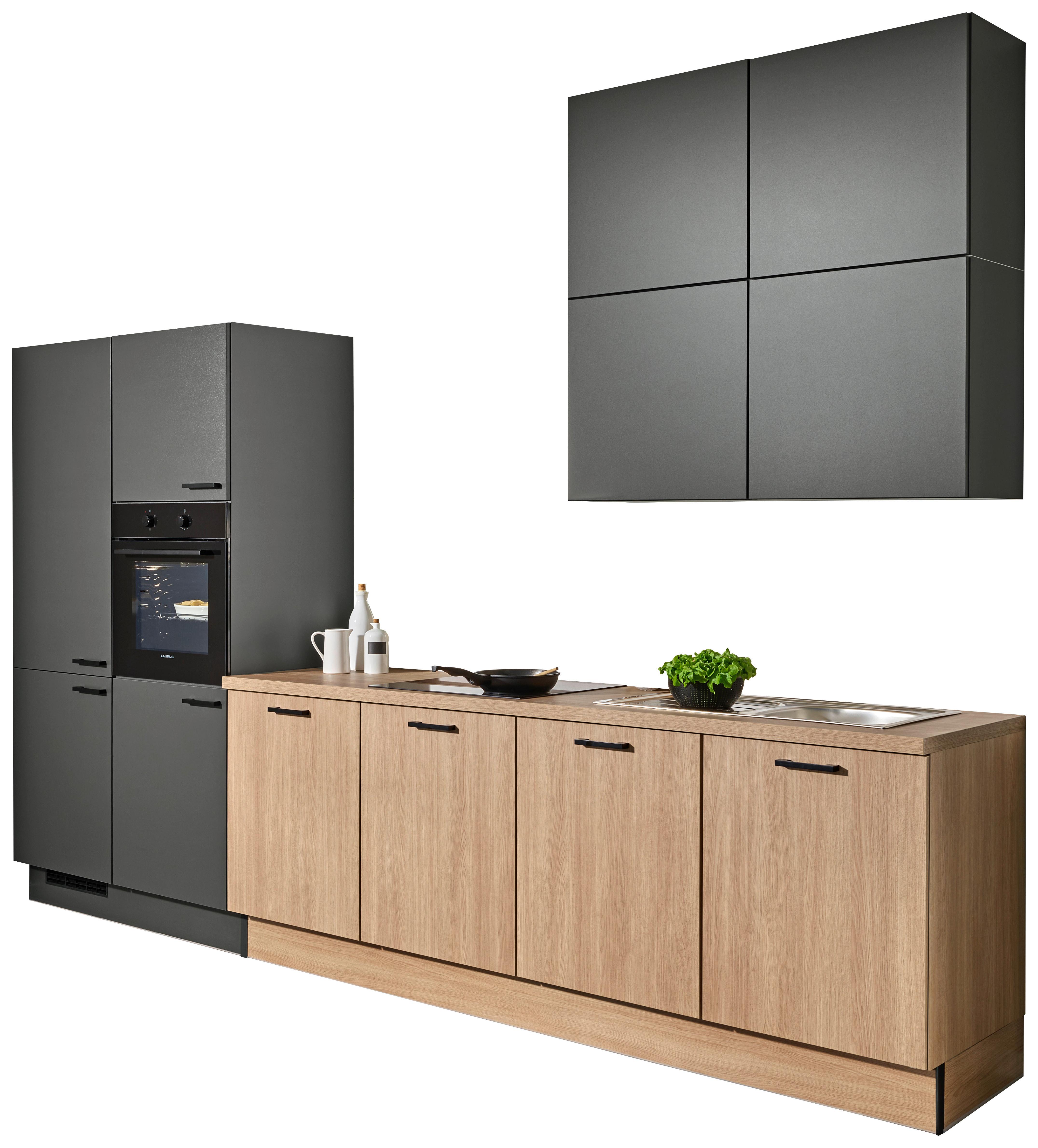 Küchenblock PN80/100 ohne Geräte, ohne Zubehör - Eichefarben/Schwarz, MODERN, Holzwerkstoff/Metall (340cm) - Pino