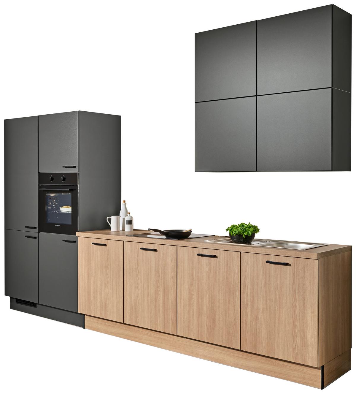 Küchenblock PN80/100 ohne Geräte, ohne Zubehör - Eichefarben/Schwarz, MODERN, Holzwerkstoff/Metall (340cm) - Pino