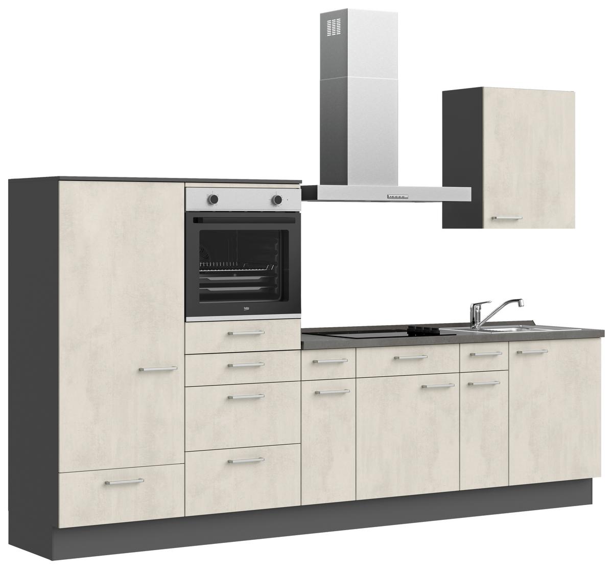 Küchenblock Riva Low m. Geräten Weiß - Schieferfarben/Edelstahlfarben, MODERN, Holzwerkstoff/Metall (300cm) - Nobilia