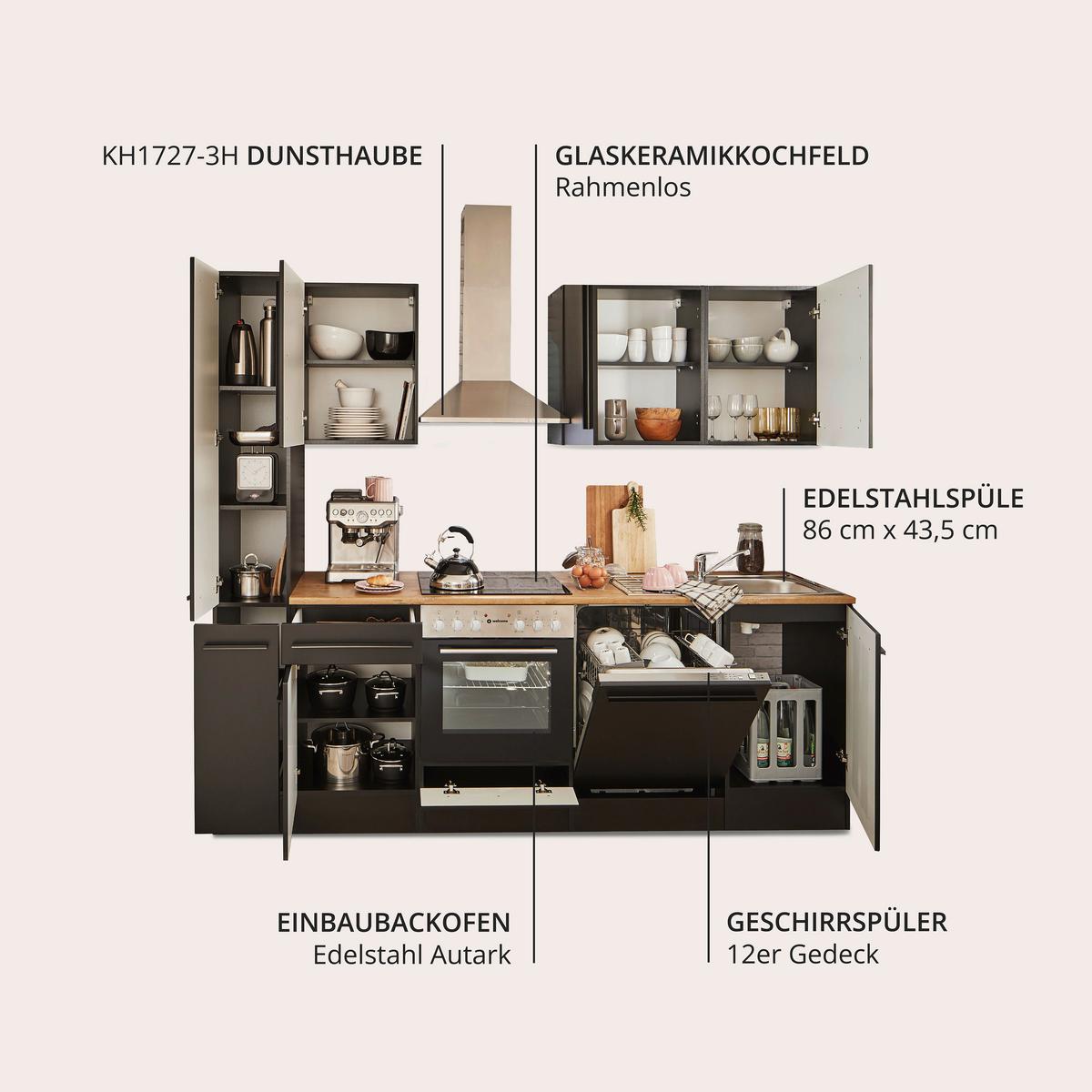 Küchenblock Jazz mit Geräten ca.250cm Schwarz - Eichefarben/Schwarz, LIFESTYLE, Holzwerkstoff/Kunststoff (250cm) - P & B