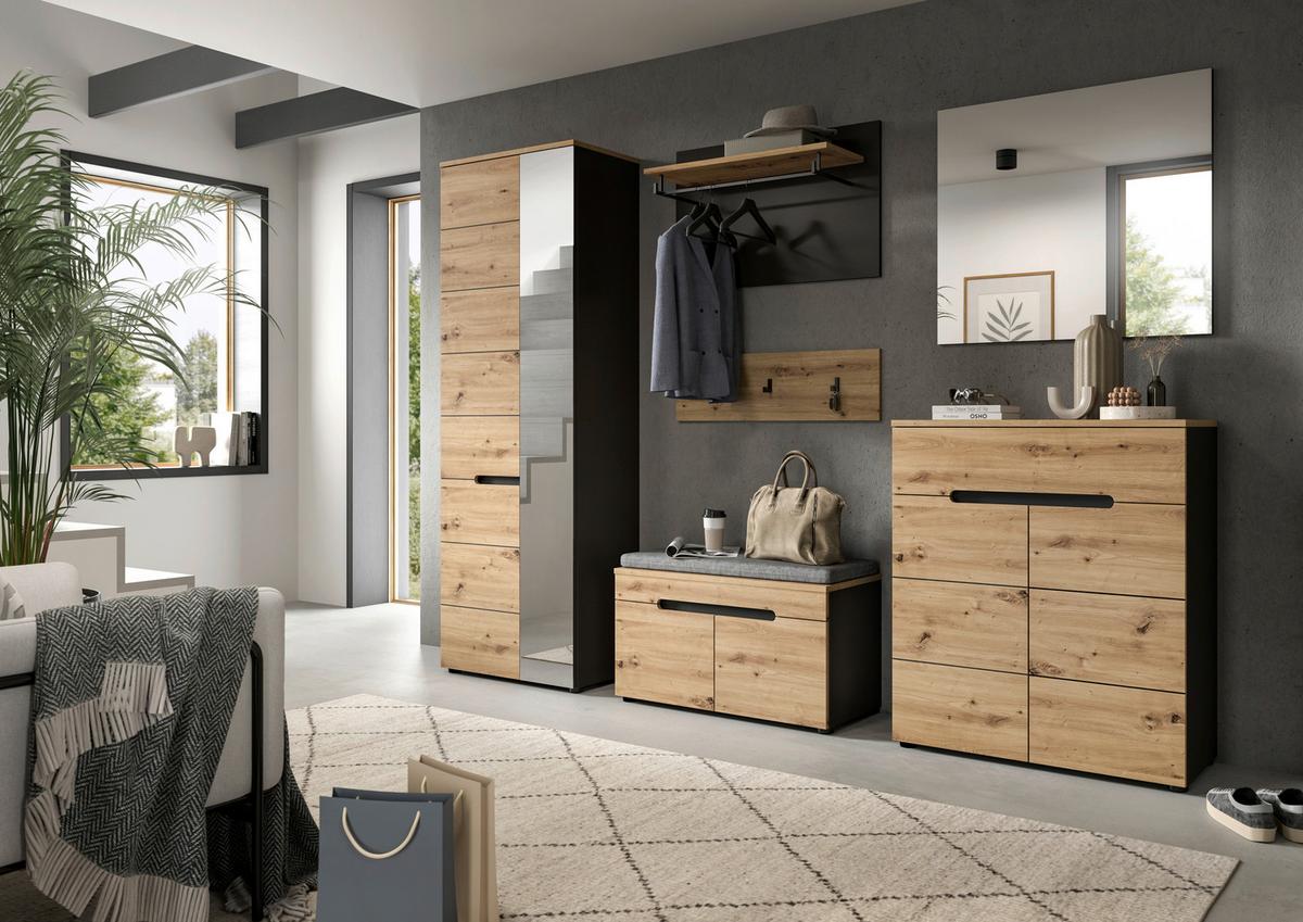 Garderobe Canu 5-teilig ca. 255x190x37cm Eiche Dekor,Grau - KONVENTIONELL, Glas/Holzwerkstoff (255/190/37cm) - MID.YOU
