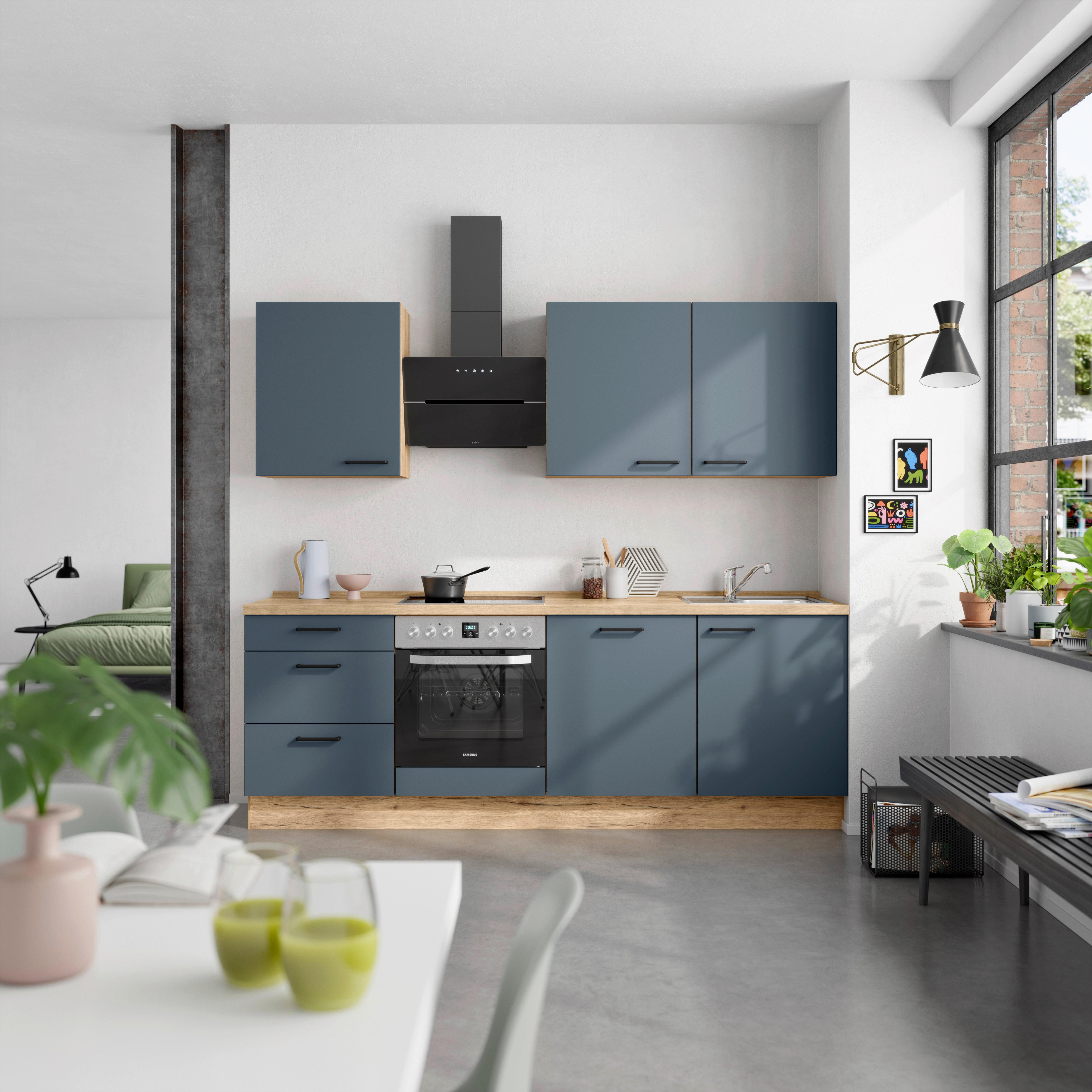 Küchenblock Easytouch High m. Geräten Dunkelblau - Eichefarben/Schwarz, MODERN, Holzwerkstoff/Metall (240cm) - Nobilia