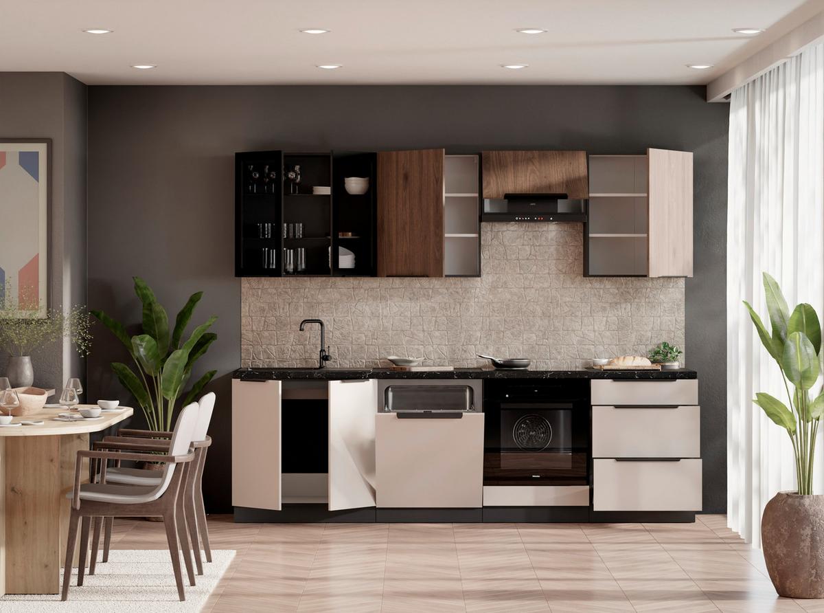 Blok Kuhinja Arona/monza - kašmir/boje oraha, Moderno, staklo/drvni materijal (260/210/60cm) - Modern Living