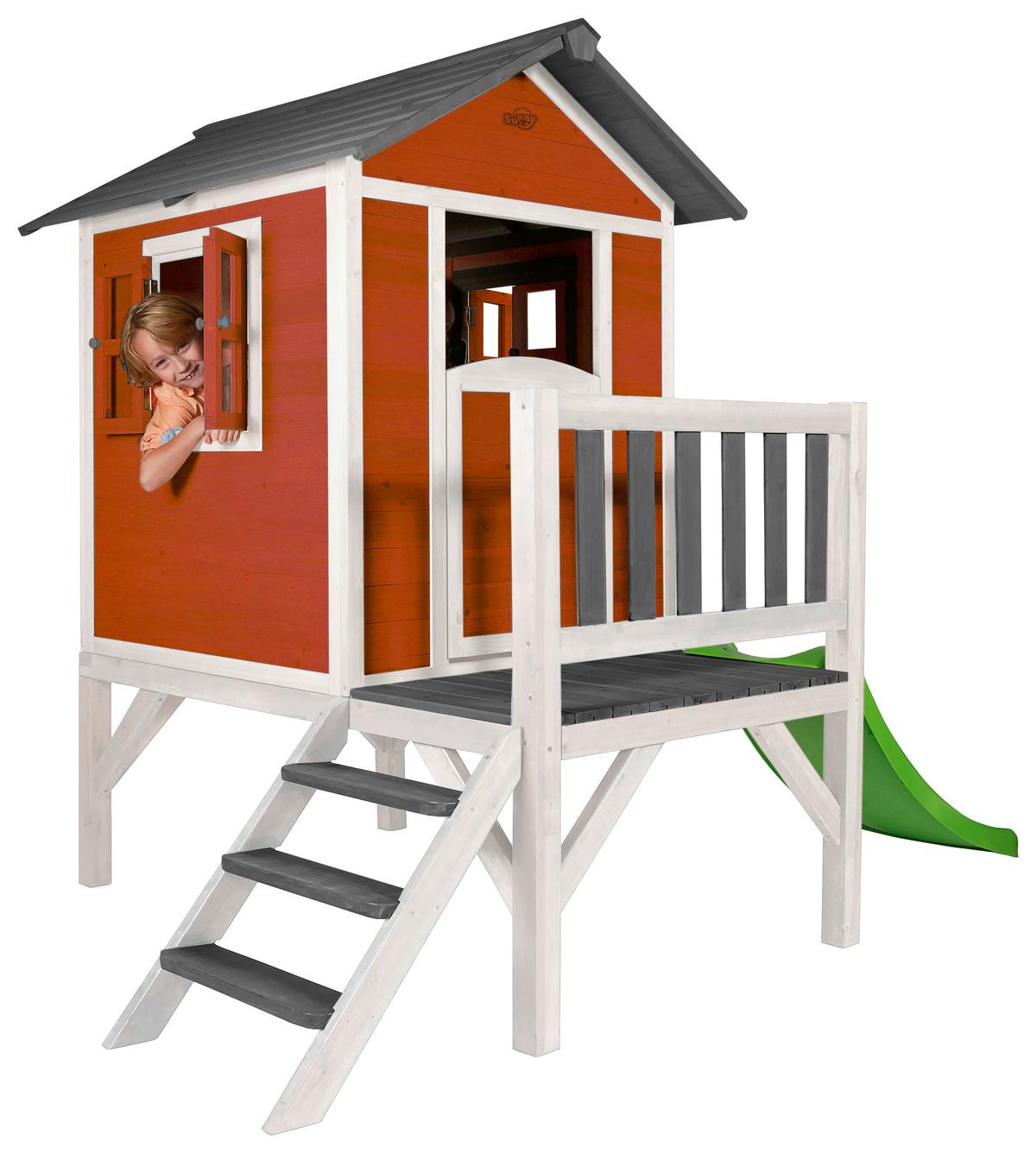 Spielhaus Lodge XL in Rot - Rot/Weiß, Basics, Holz (261/189/168cm) - Ambia Garden