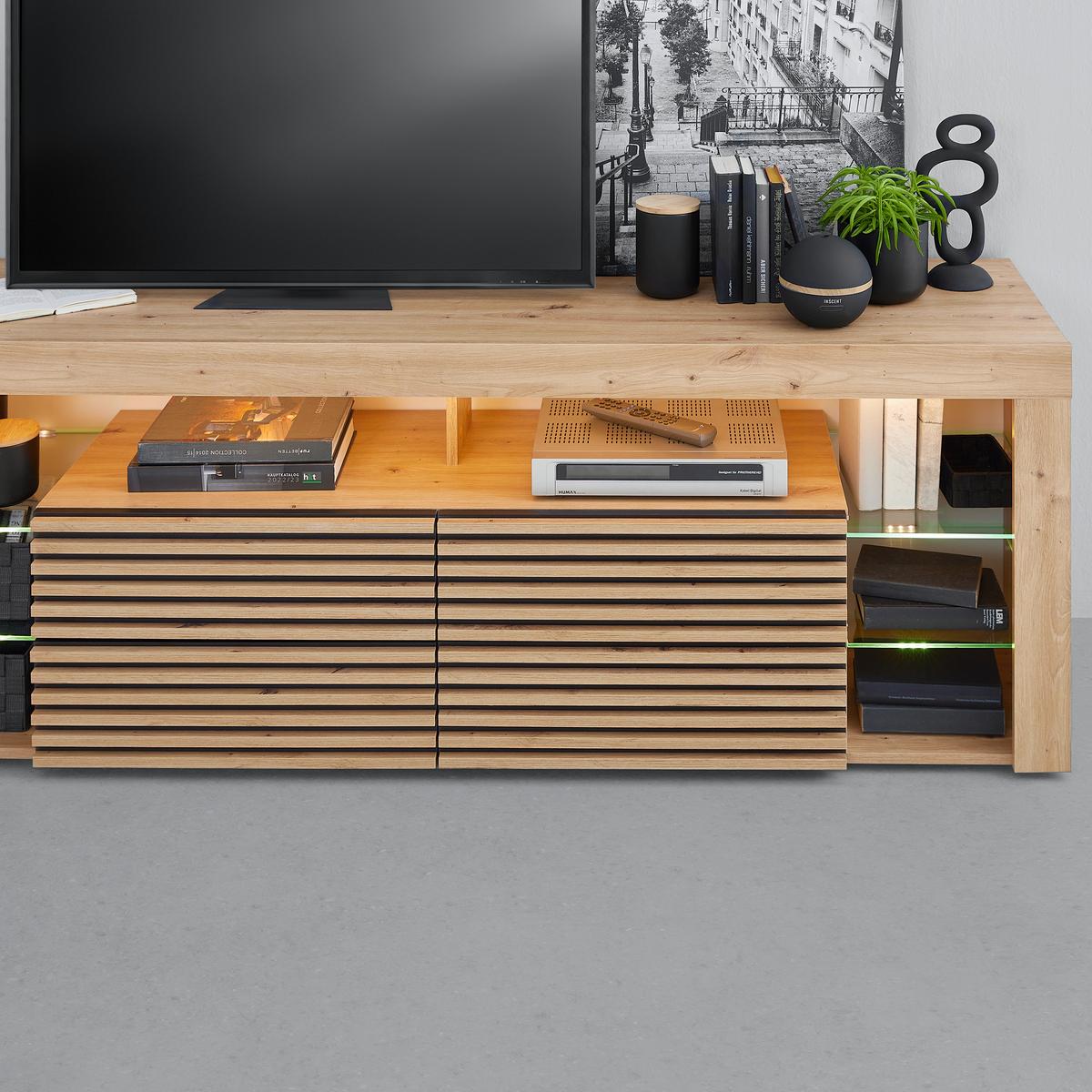 Lowboard Goal 2.0 Eiche Artisan - Schwarz/Eiche Artisan, Modern, Glas/Holzwerkstoff (180/67/44cm) - Mömax