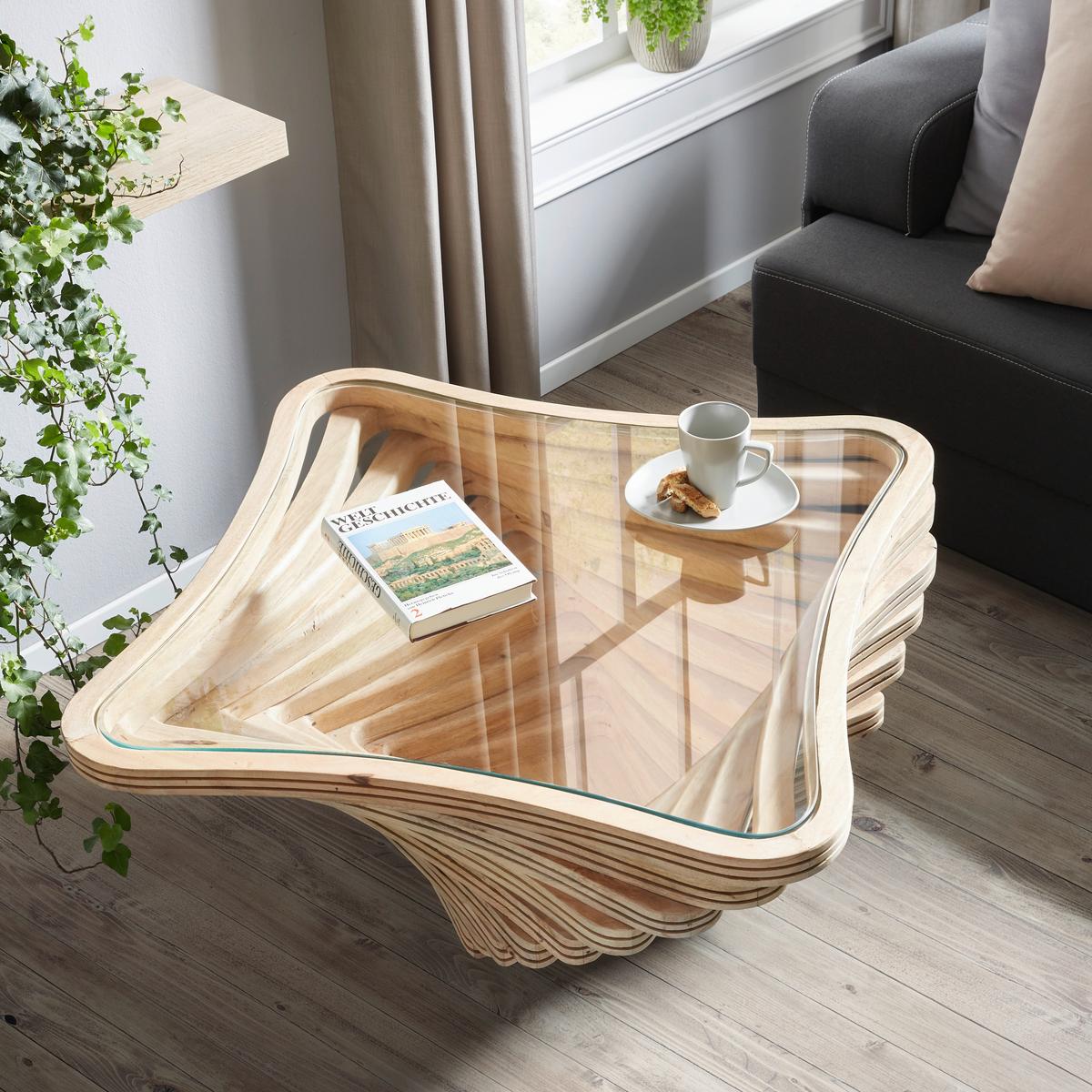 Măsuță de cafea Twister - culoare natur, Lifestyle, sticlă/lemn (83/83/42cm) - Premium Living