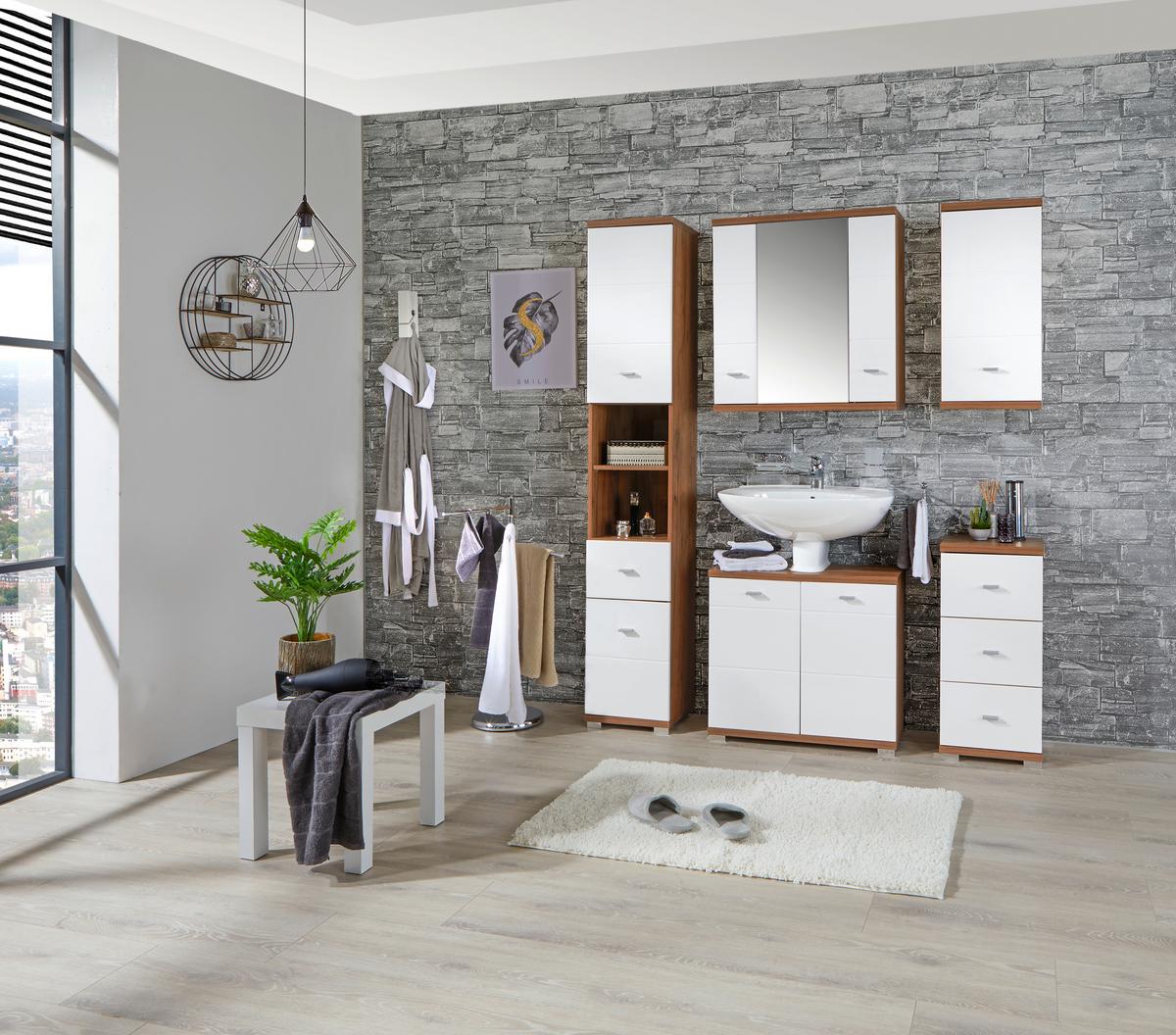 Mobilier de baie Bari - alb/culoare lemn stejar, Konventionell, material pe bază de lemn (140,5/190/32cm)