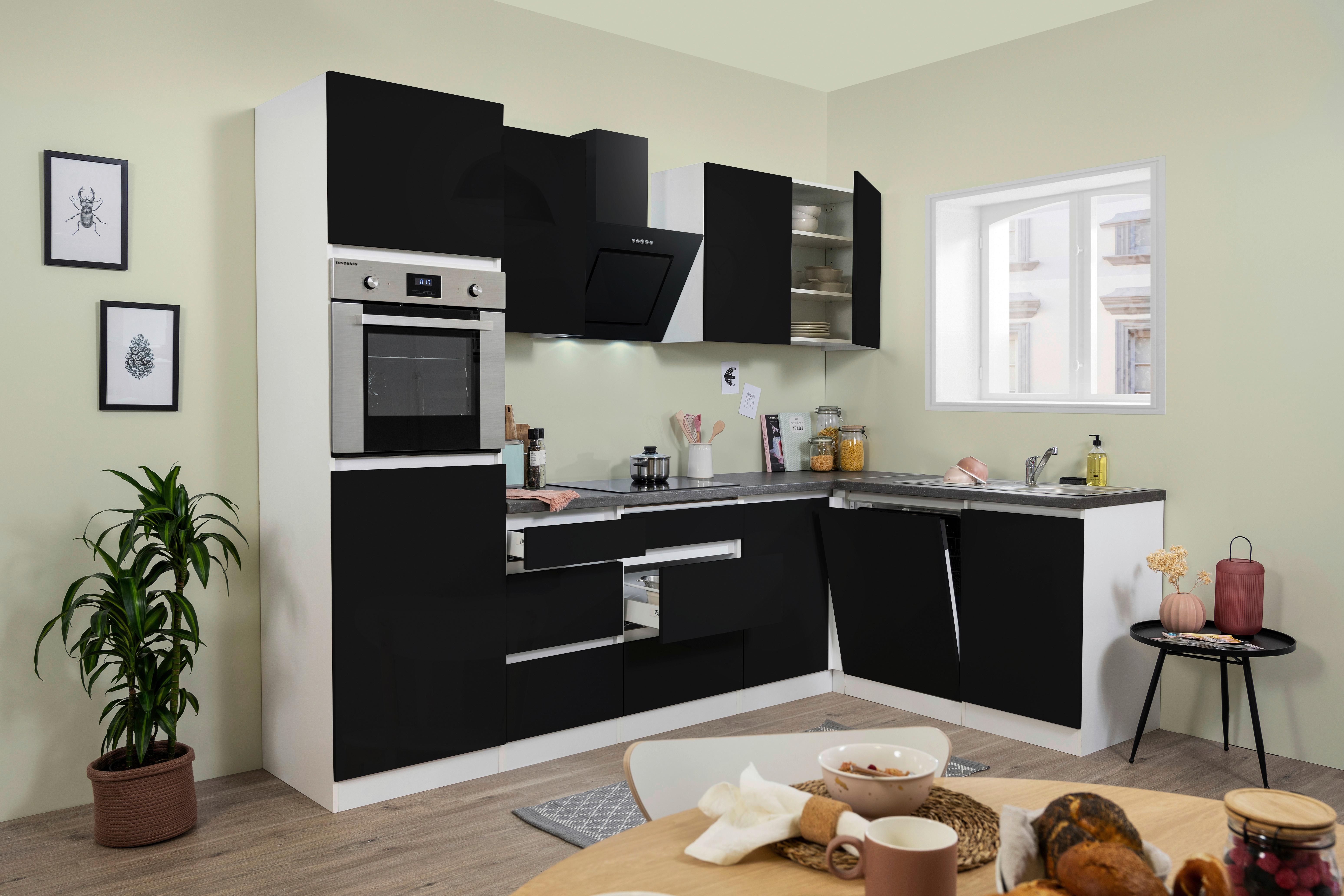 Eckküche Premium Schwarz Hochglanz ca. 280x172 cm - Schwarz Hochglanz/Schwarz, MODERN, Holzwerkstoff (280/172cm) - Respekta