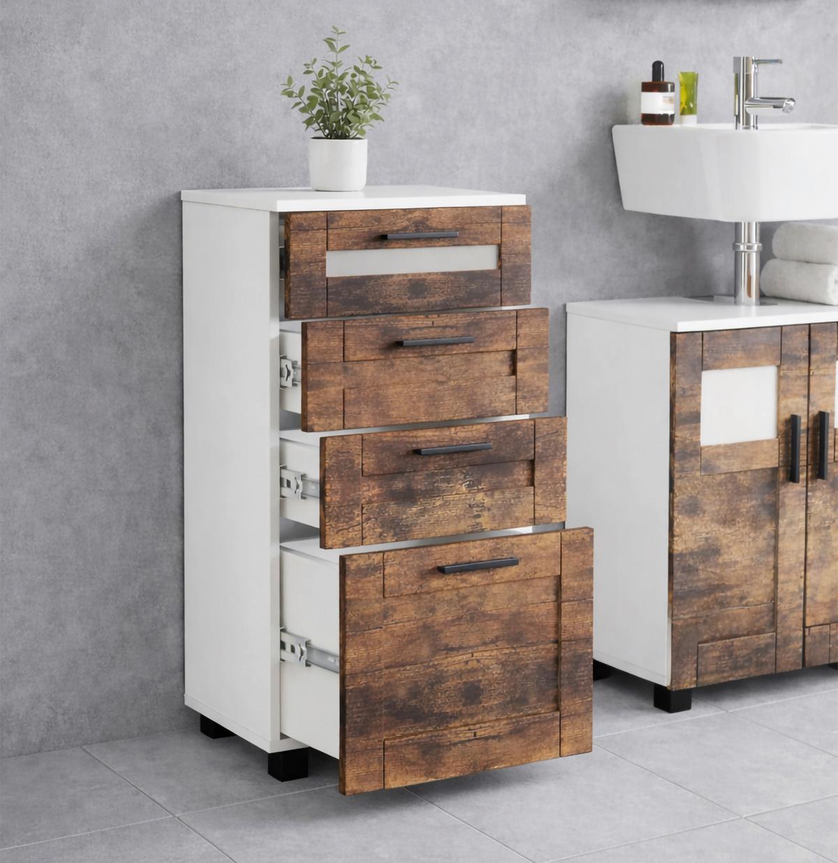 Midischrank Nilari L - Weiss/Eichefarben, Trend, Glas/Holzwerkstoff (38/76/28cm) - MID.YOU