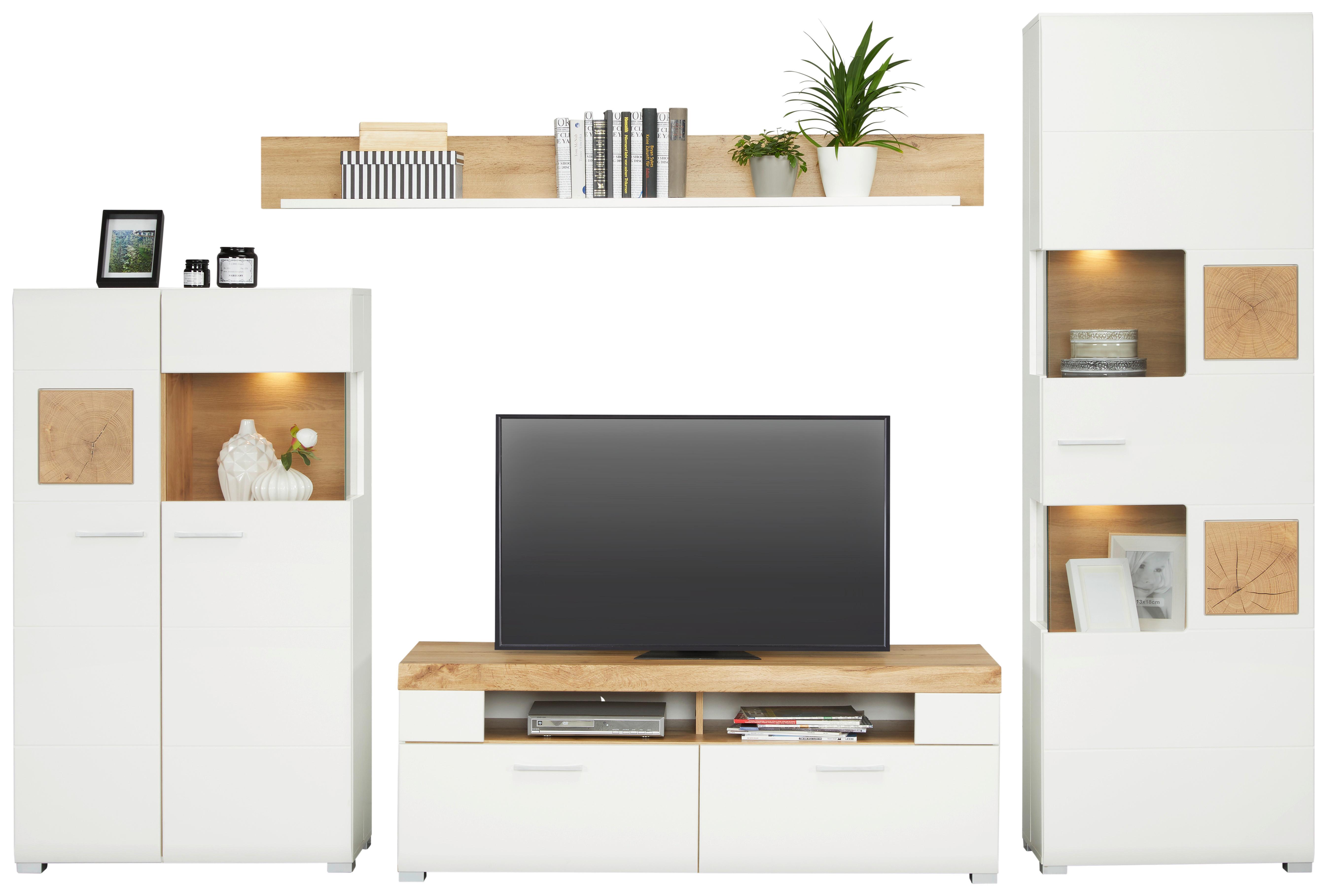 Wohnwand Fun Plus Weiß/Eiche inkl. Beleuchtung - Chromfarben/Eichefarben, MODERN, Holzwerkstoff/Metall (325/205/47cm) - Mömax