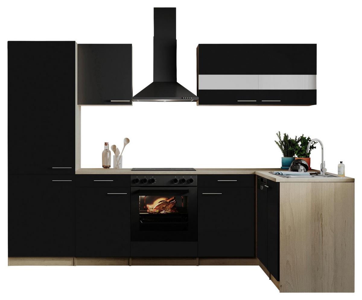 Eckküche Merle m. Geräten ca. 280x172cm Schwarz - Edelstahlfarben/Eichefarben, Basics, Holzwerkstoff/Metall (280/172cm) - Respekta