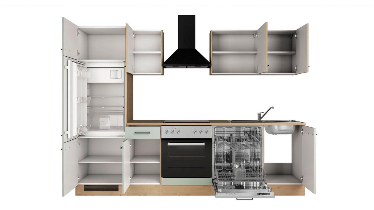 Küchenblock Cara m. Geräten Schilfgrün - Schilfgrün/Schwarz, Trend, Holzwerkstoff/Metall (270cm) - FlexWell