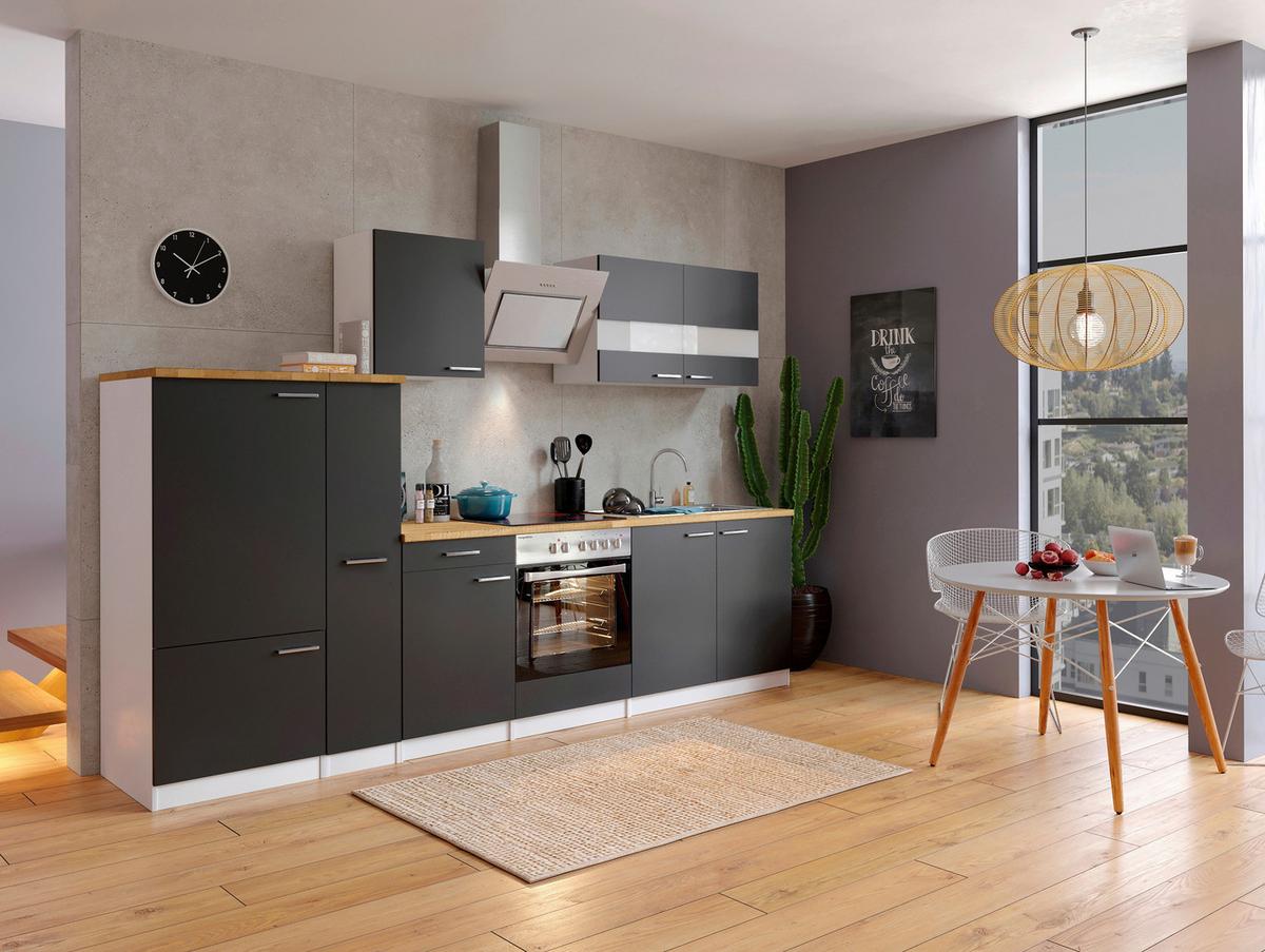 Küchenzeile Economy m. Geräten Schwarz/Nussbaum B: ca. 300 cm - Edelstahlfarben/Nussbaumfarben, Basics, Holzwerkstoff/Metall (300cm) - Respekta
