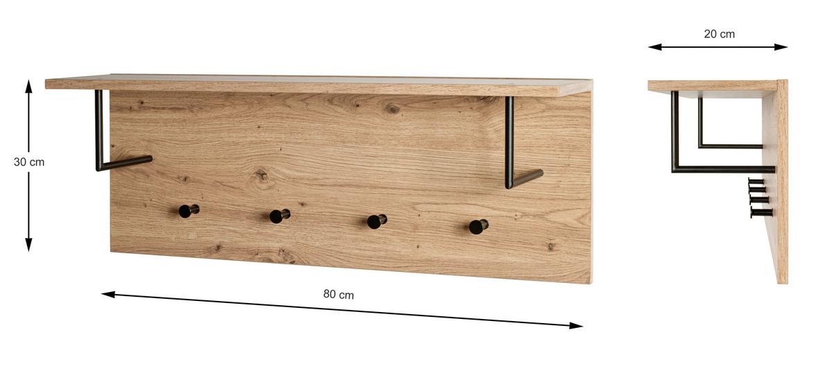WIESZAK ŚCIENNY PARMA - kolor dębowy/czarny, Basics, materiał drewnopochodny/metal (80/30/20cm)