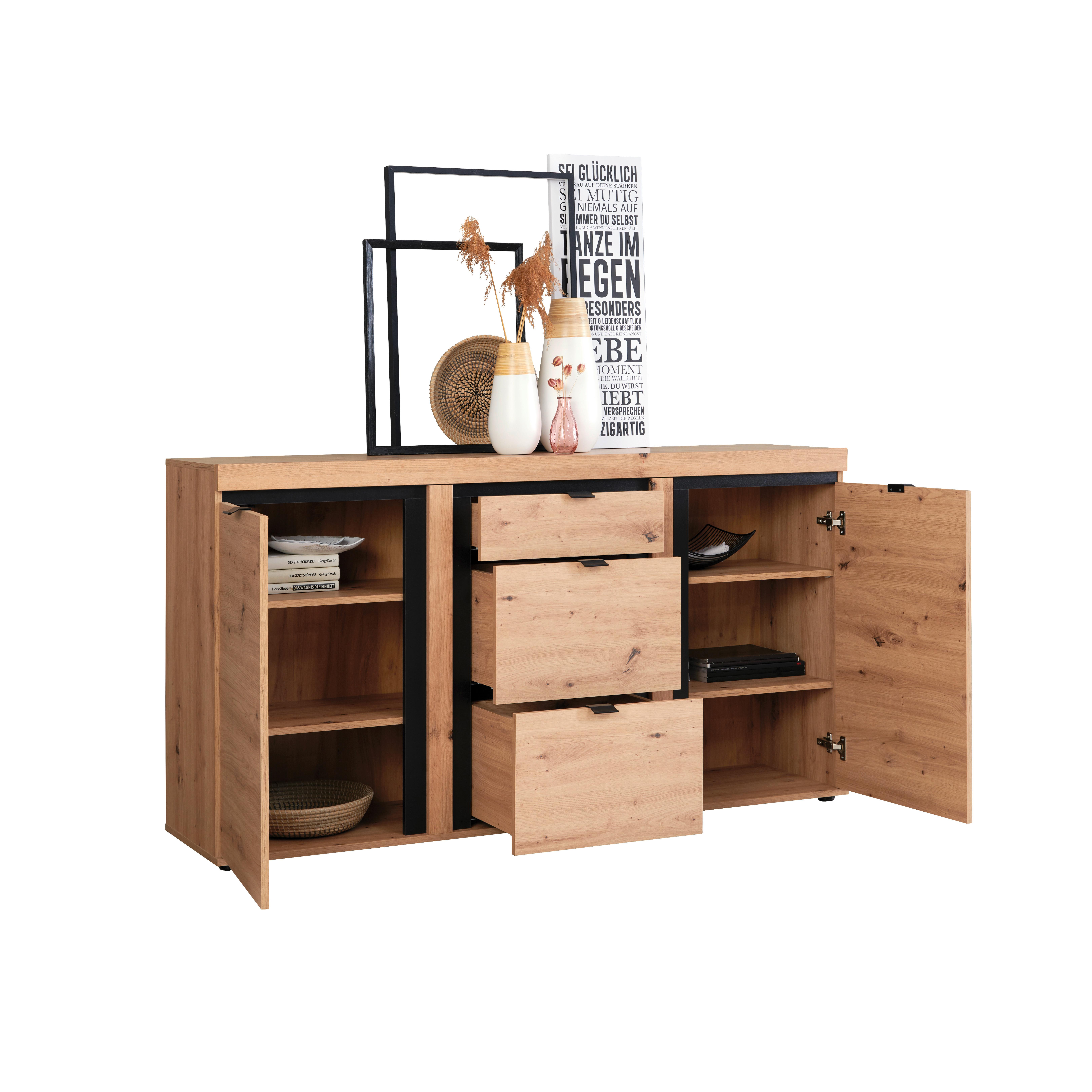 Comodă cu uși NYON - culoare lemn stejar/negru, Modern, material pe bază de lemn (167,3/90,9/40,5cm) - Modern Living