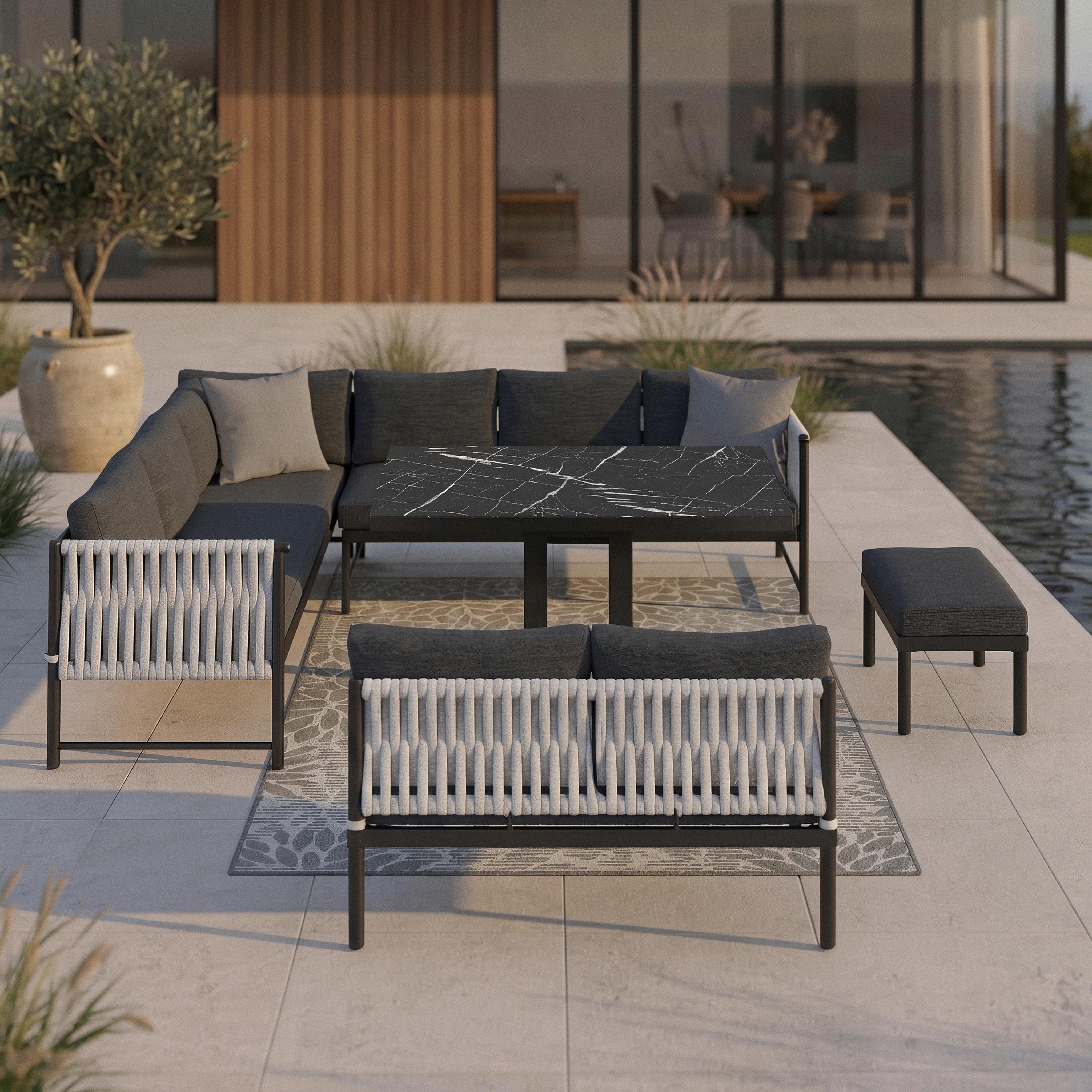 Dining-Loungeset Polly Schwarz Outdoorstoff/Metall - Hellgrau/Schwarz, MODERN, Kunststoff/Textil - Bessagi Garden